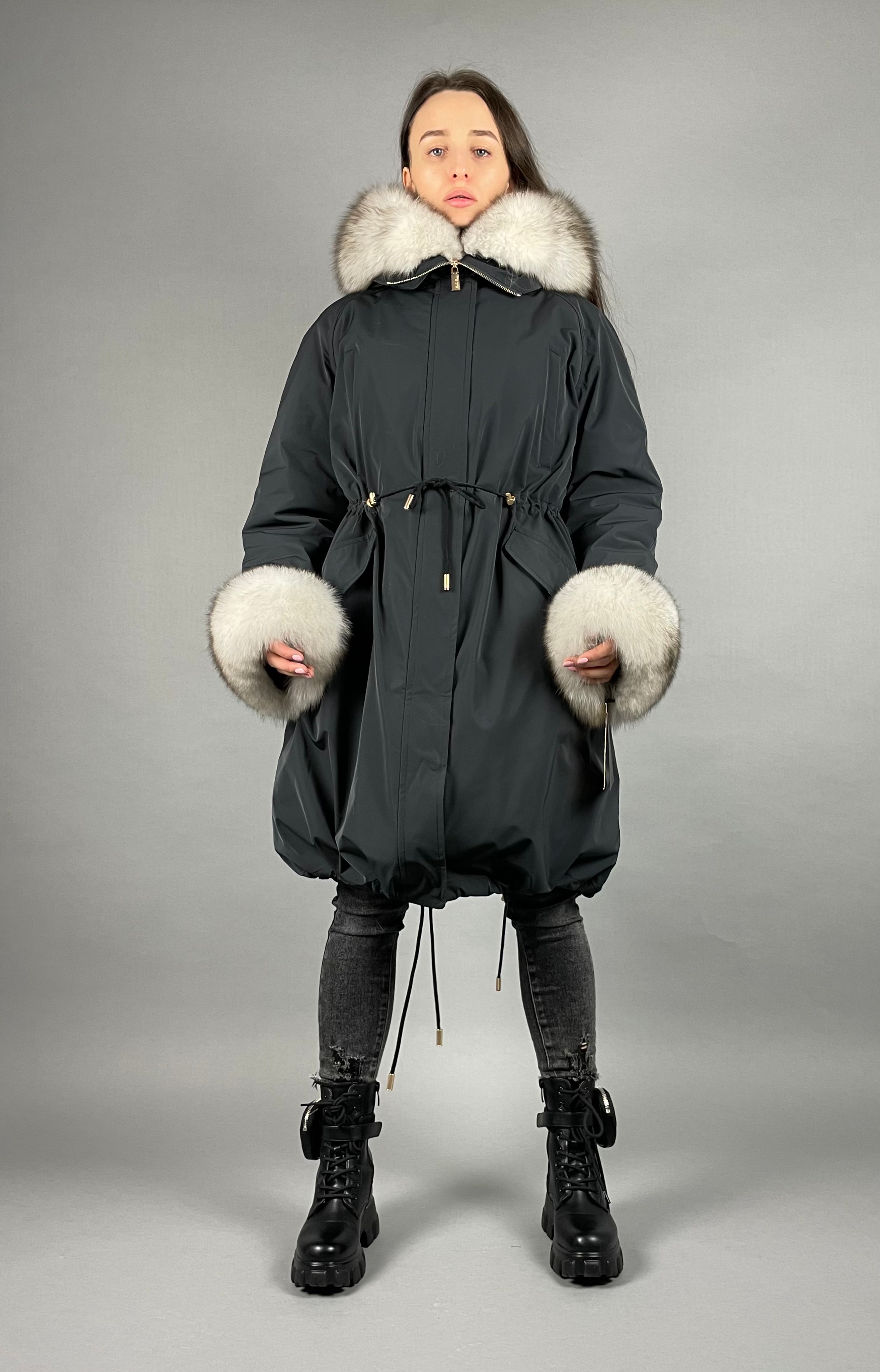 PARKA LUX Graphite color (BF14) with White fox fur (M4) / Rex for women 103 cm