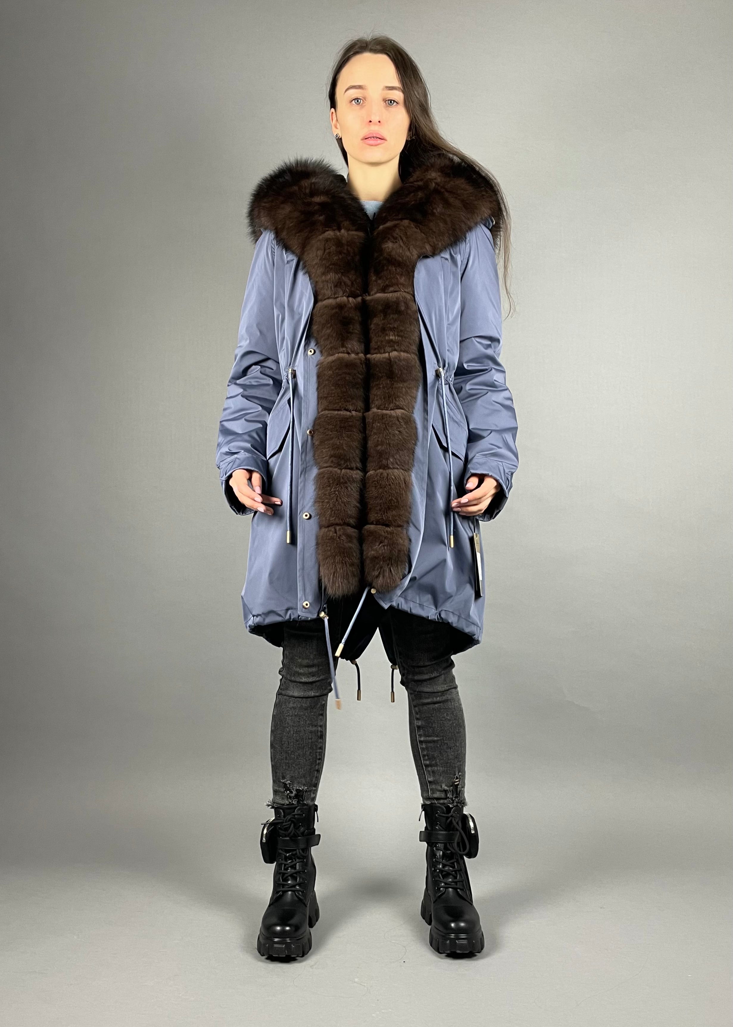 Parka LUX Blue (191) ar brūnu kažokādu (M3) Rex sievietēm 95 cm