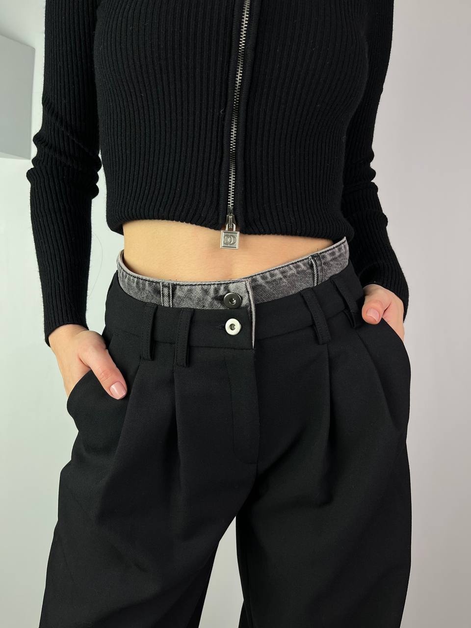 Black palazzo pants with denim elements