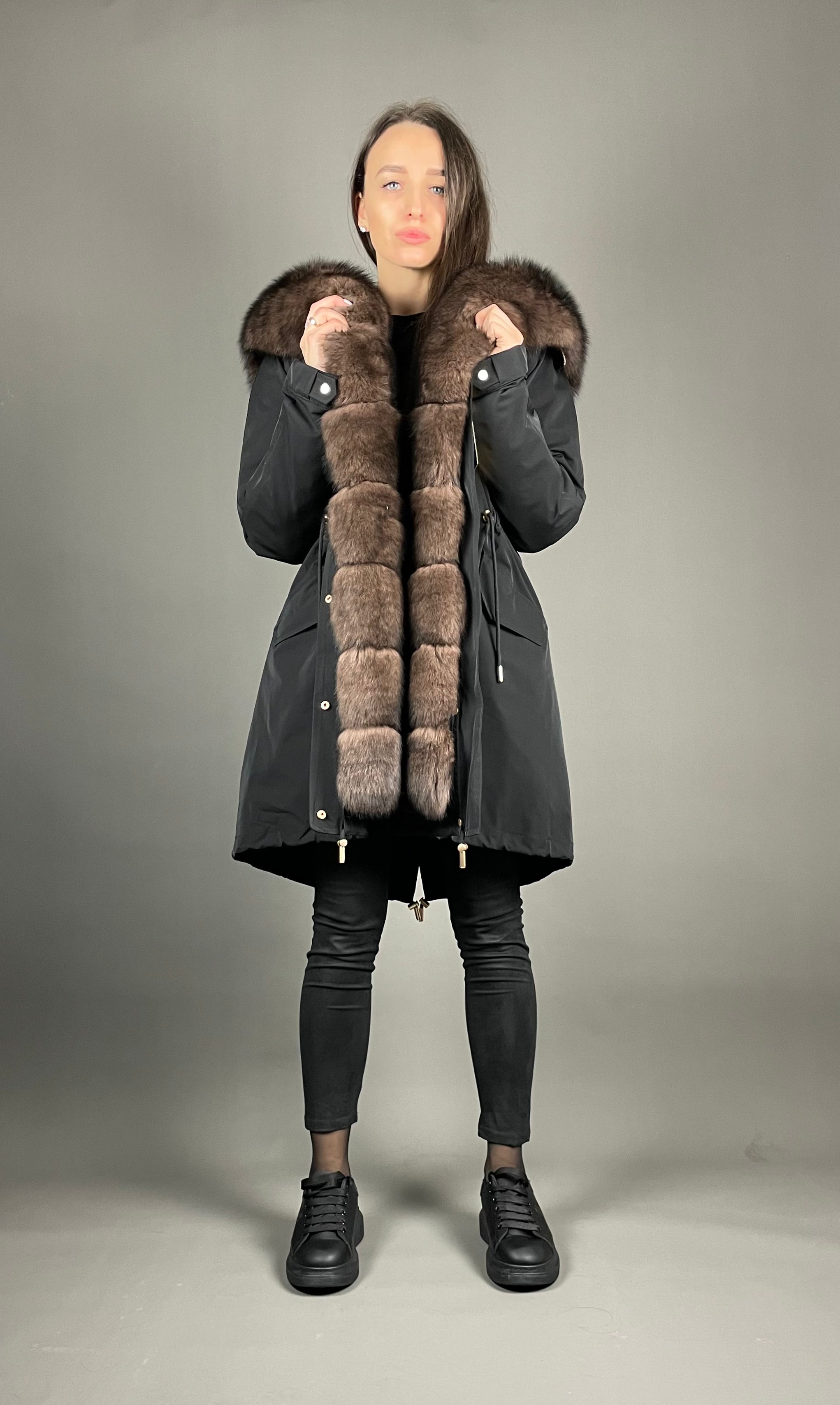 Parka LUX Black (BF99) with Brown fur (M3) / Rex for women 95 cm