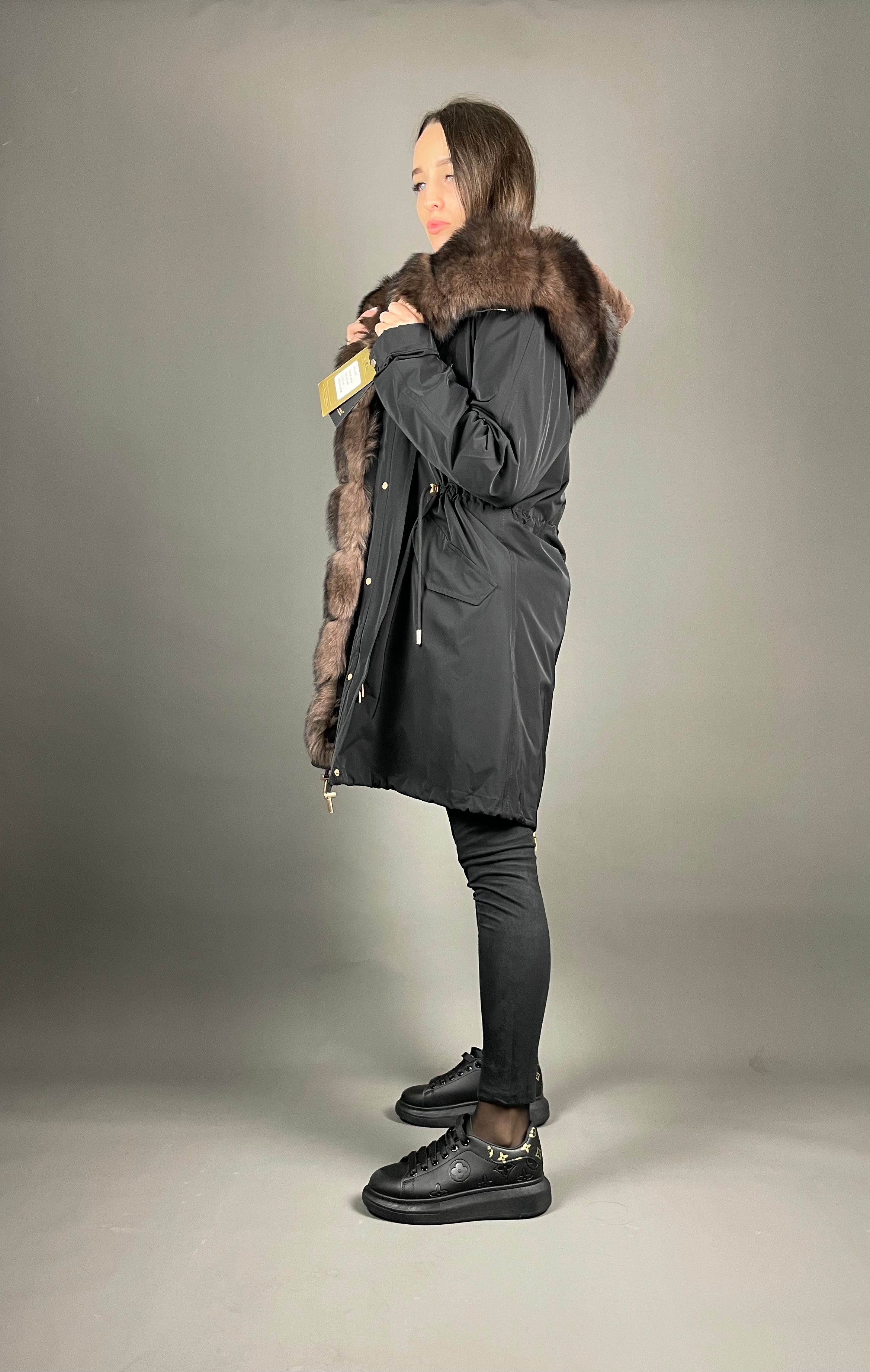 Parka LUX Black (BF99) ar brūnu kažokādu (M3) / Rex sievietēm 95 cm