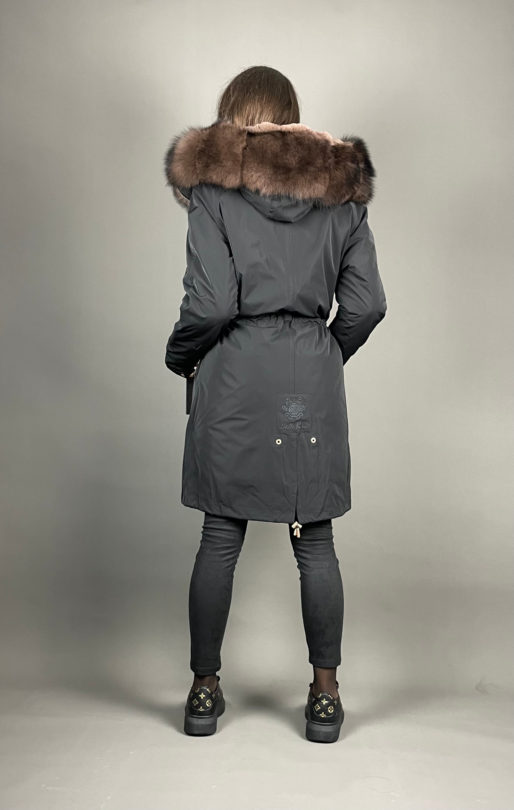 Parka LUX Black (BF99) ar brūnu kažokādu (M3) / Rex sievietēm 95 cm