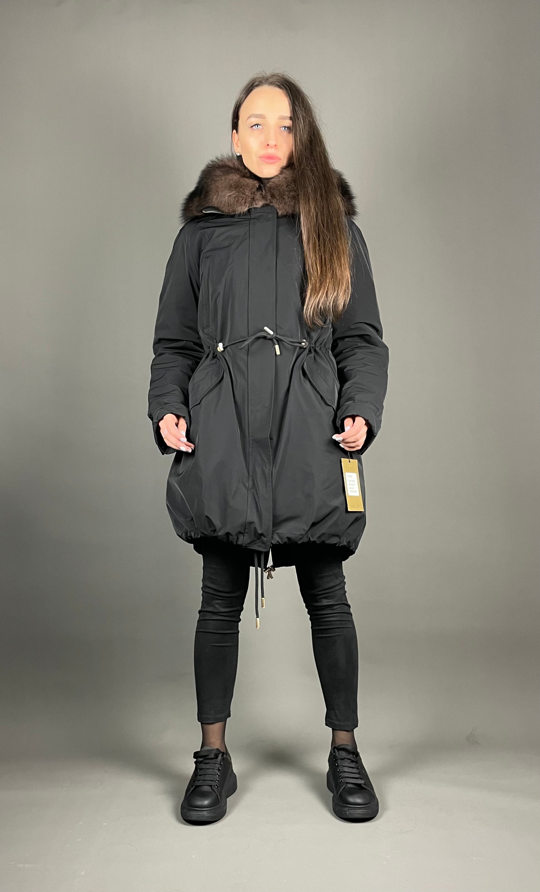 PARKA LUX BLACK with BROWN Artic fur and lining with REX rabbit fur for women 103 cm