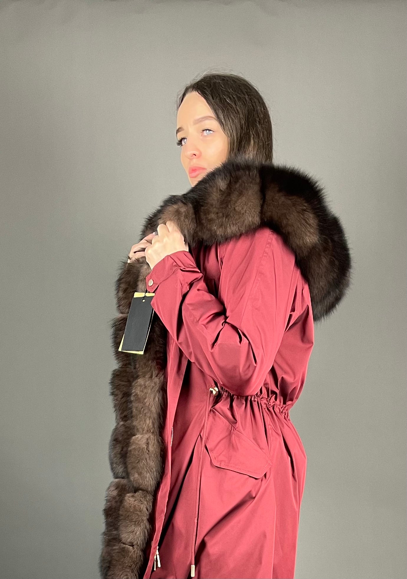 Parka LUX Bordo with Brown Artic fur and Rex rabbit fur for women 95 cm