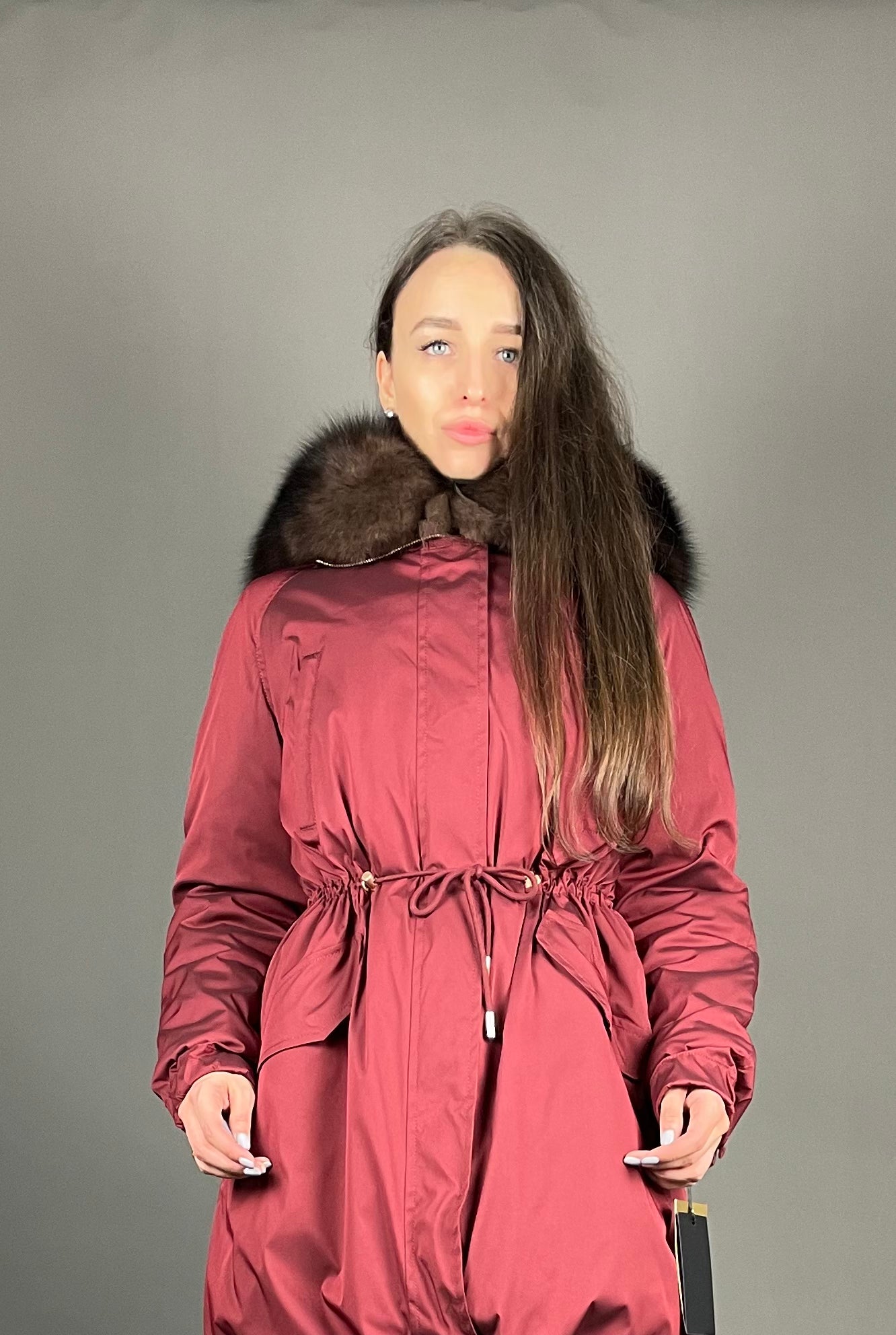 Parka LUX Bordo with Brown Artic fur and Rex rabbit fur for women 95 cm