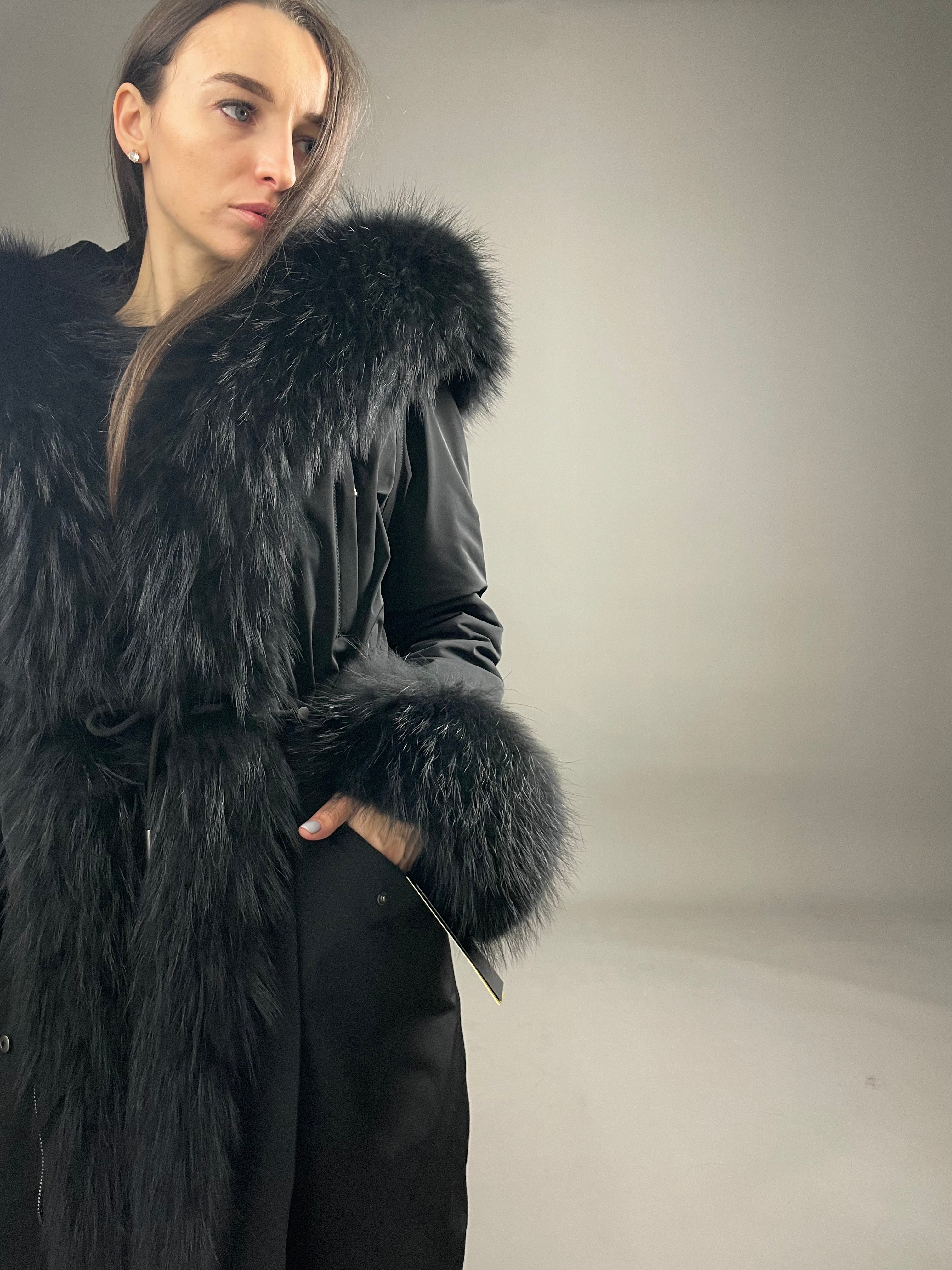 Parka LUX Black (BF99) / Black Raccoon fur (M22) / Rex for women 95 cm