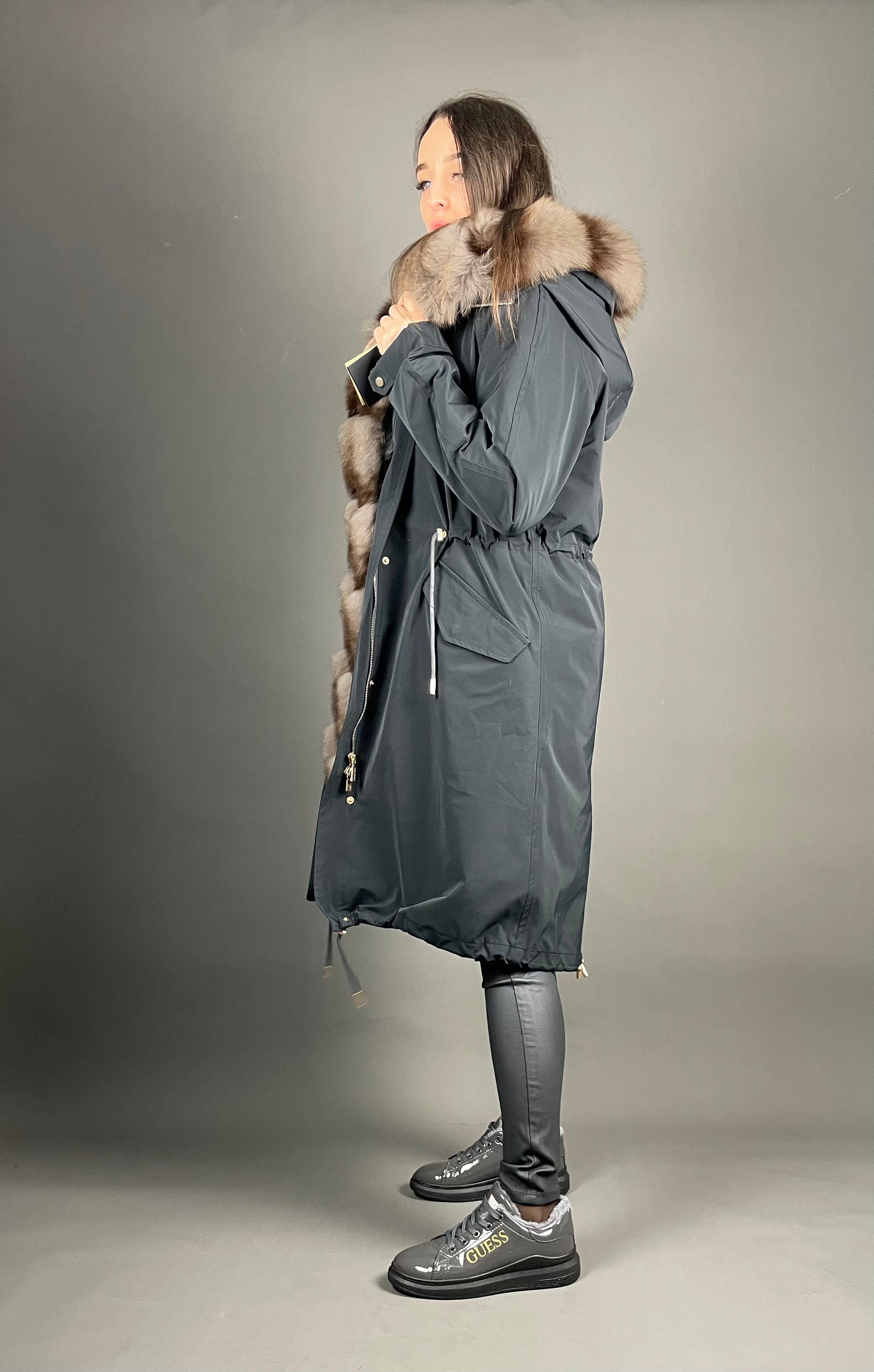 PARKA LUX Graphite with light brown Artic fur and lining Rex rabbuti fur for women 103 cm