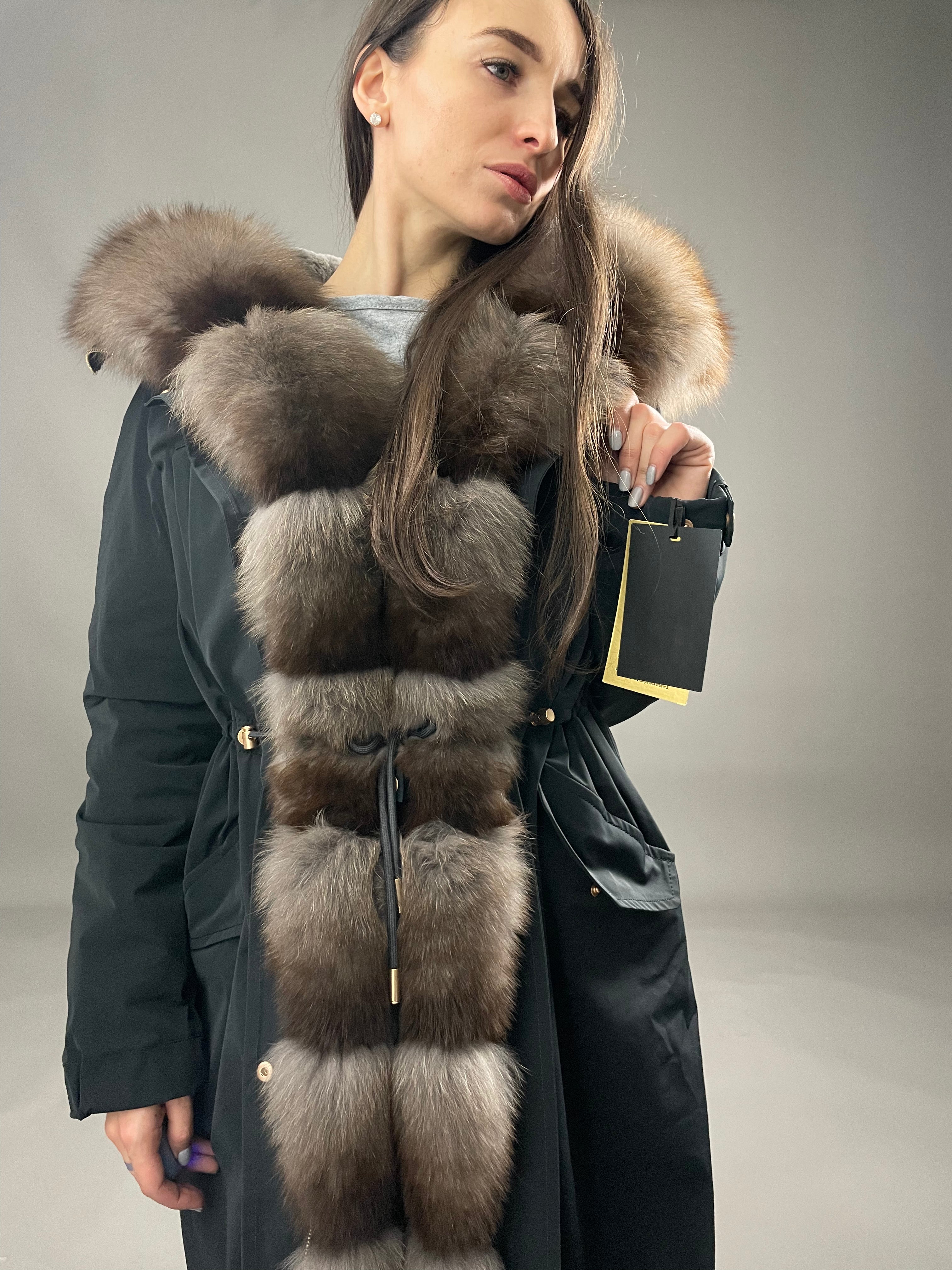 PARKA LUX Graphite color Light brown fox fur for women 103 cm long PromiseShop