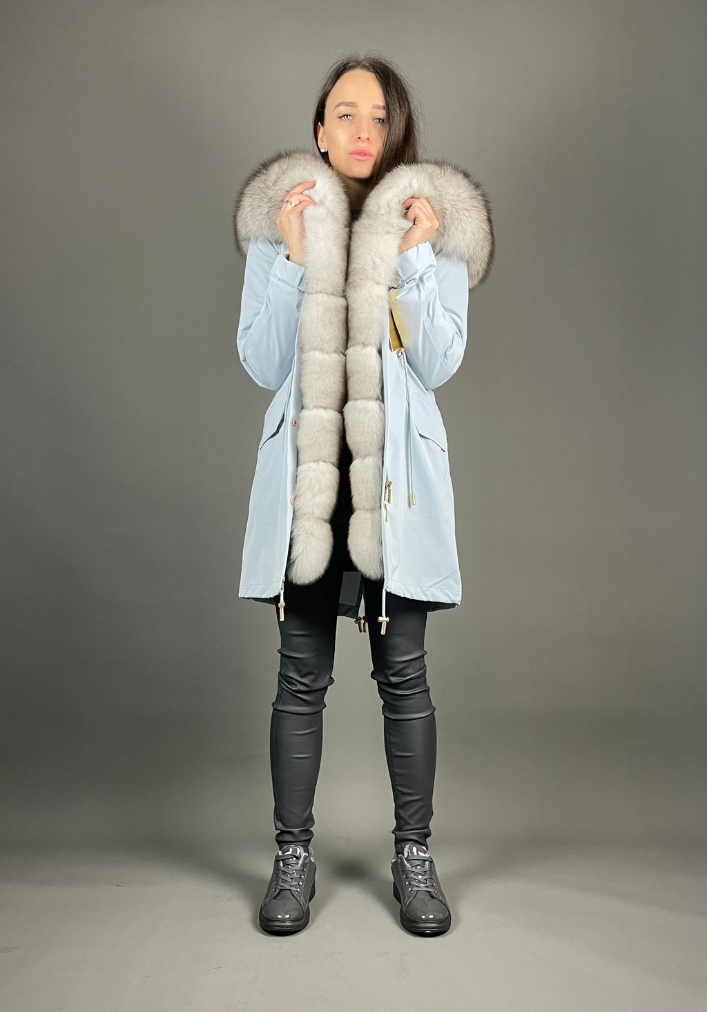PARKA LUX Blue (JX1) with White-black fur (M16) / Rex for women 95 cm