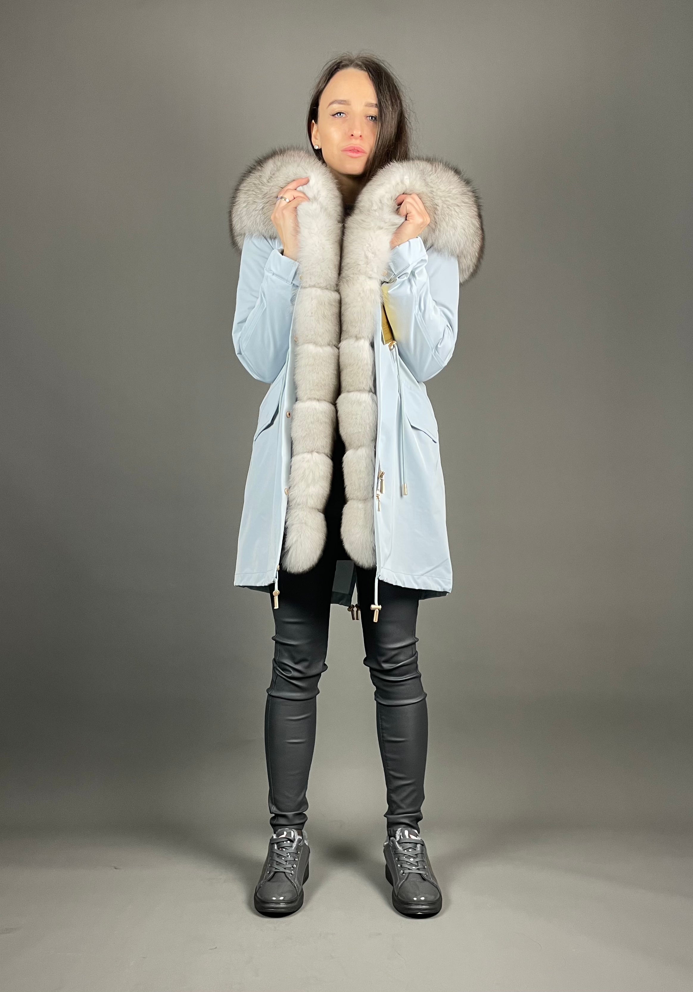 PARKA LUX Blue (JX1) with White-black fur (M16) / Rex for women 95 cm