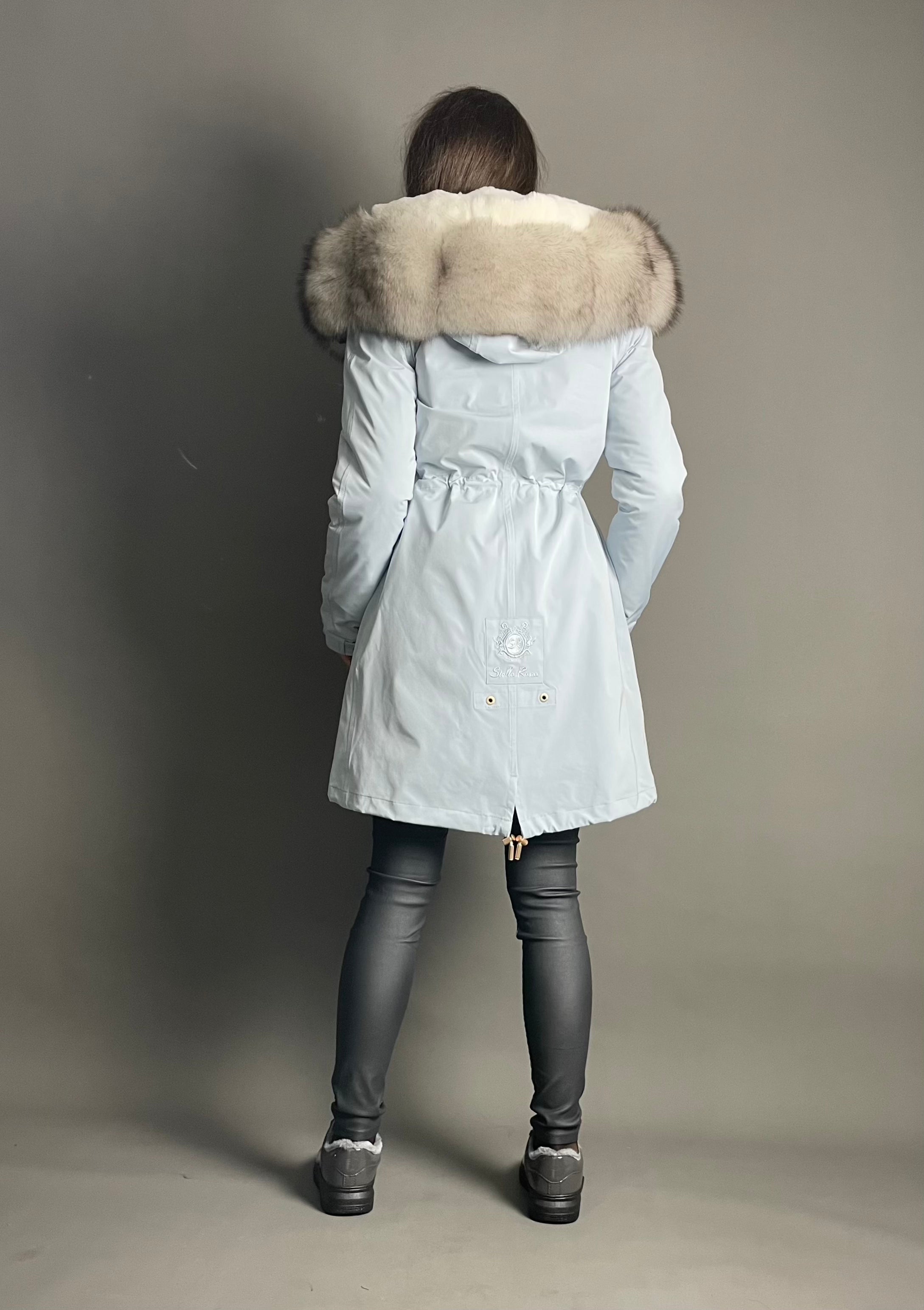 PARKA LUX Blue (JX1) with White-black fur (M16) / Rex for women 95 cm