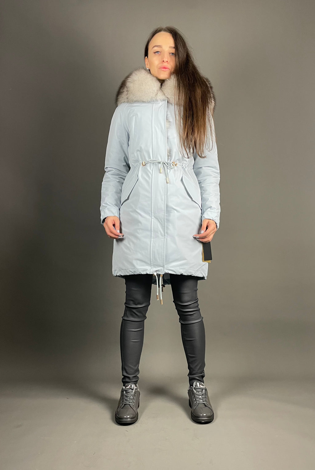 PARKA LUX Blue (JX1) with White-black fur (M16) / Rex for women 95 cm