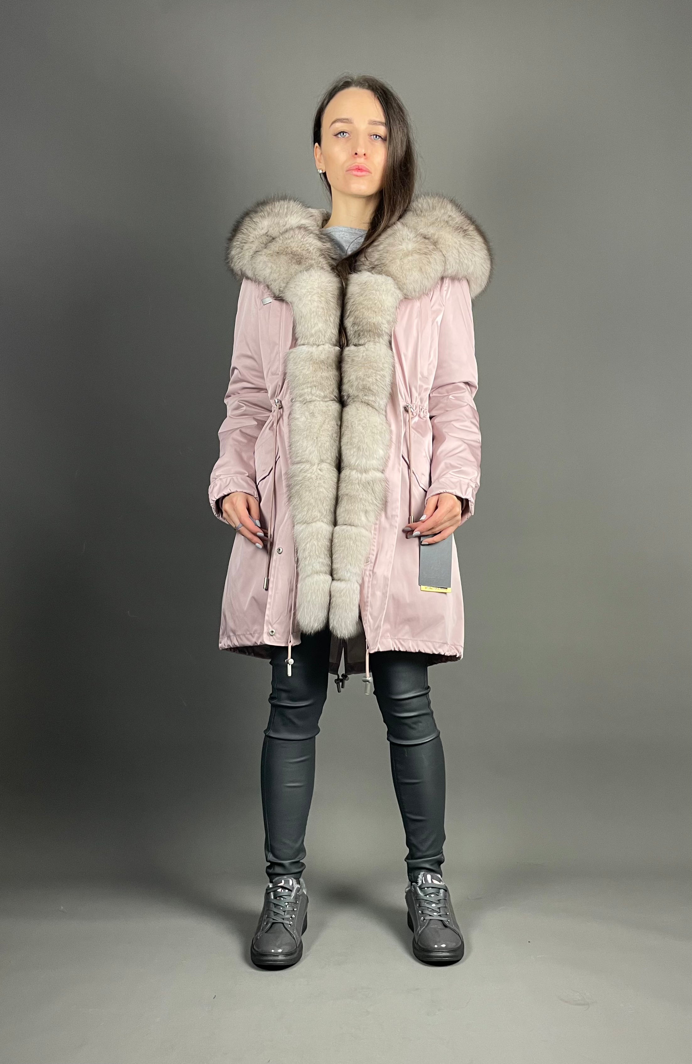PARKA LUX Pink color (194) with White-black fox fur (M16) / Rex for women 95 cm