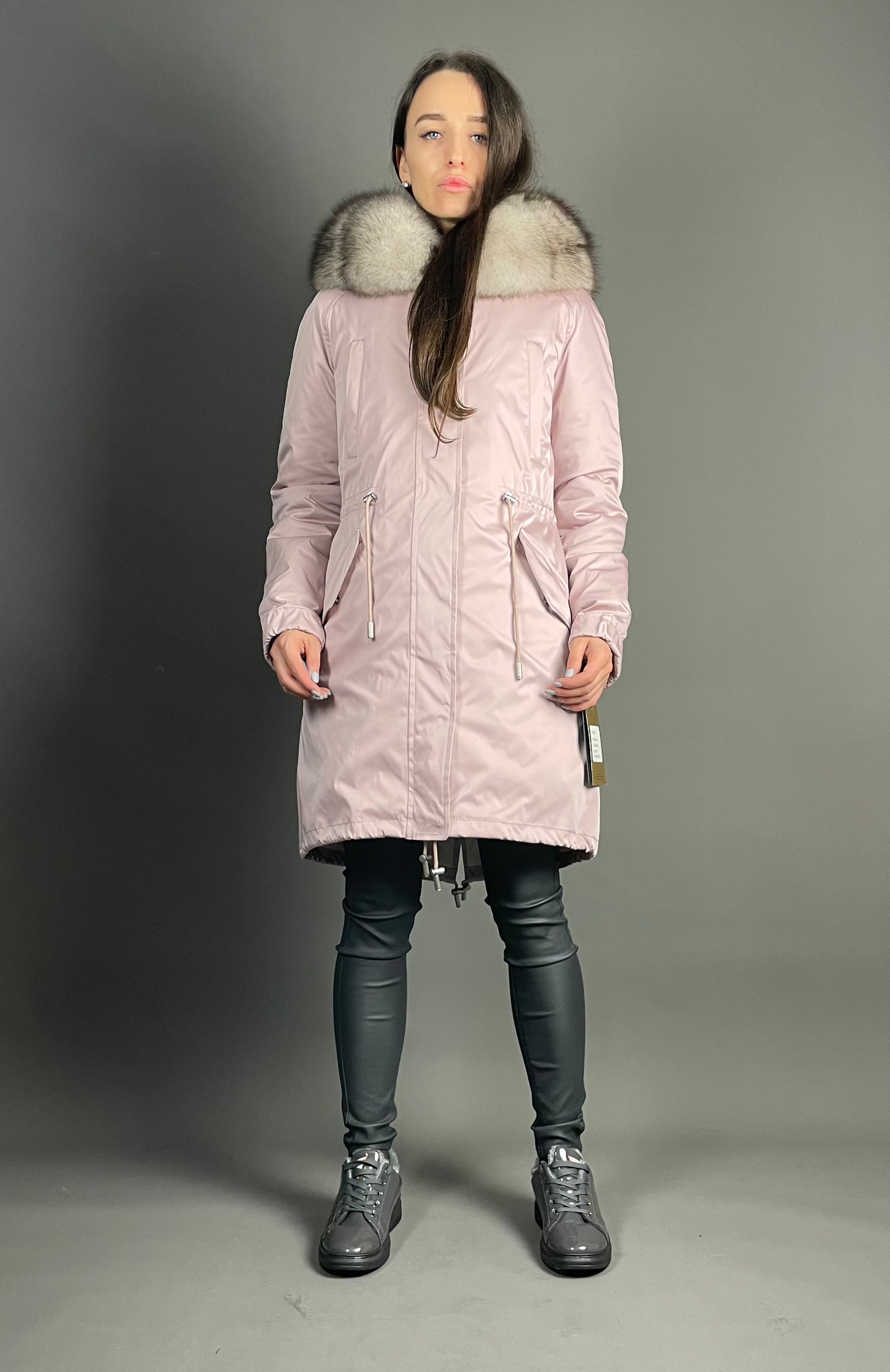 PARKA LUX Pink krāsa (194) ar balti melnu lapsas kažokādu (M16) / Rex sievietēm 95 cm