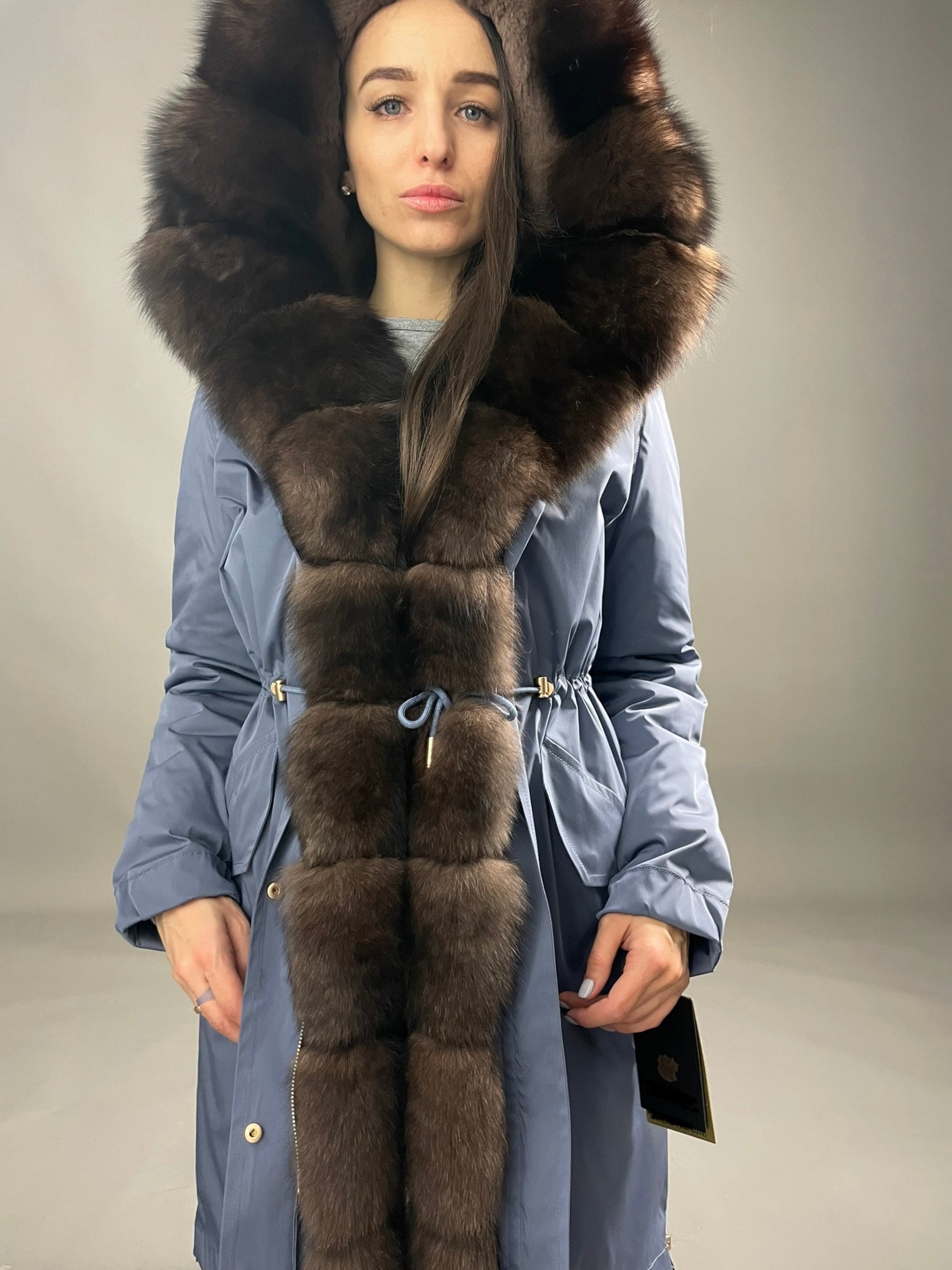 Parka LUX Blue (191) ar brūnu kažokādu (M3) Rex sievietēm 95 cm