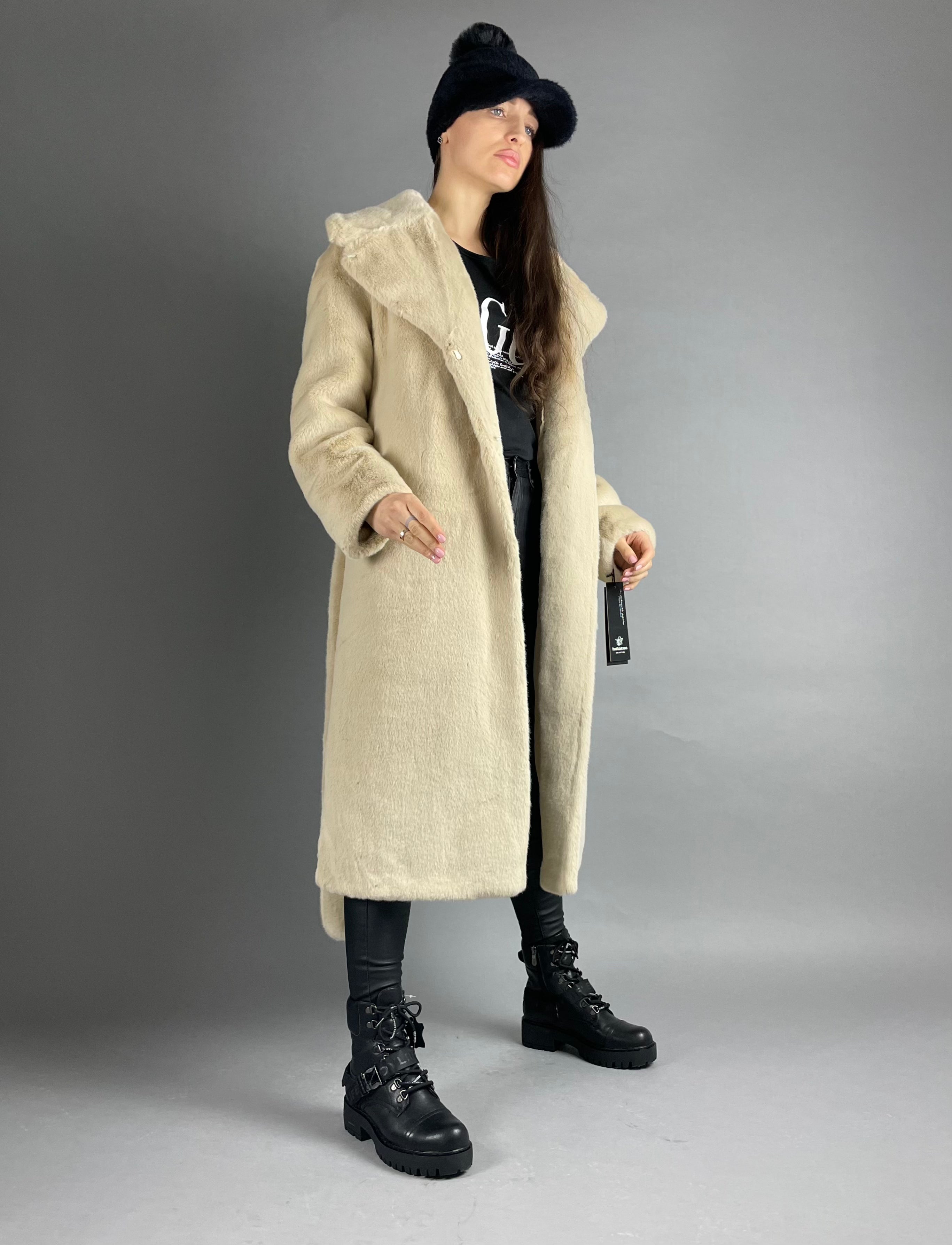 Beige Eco fur coat with belt for women