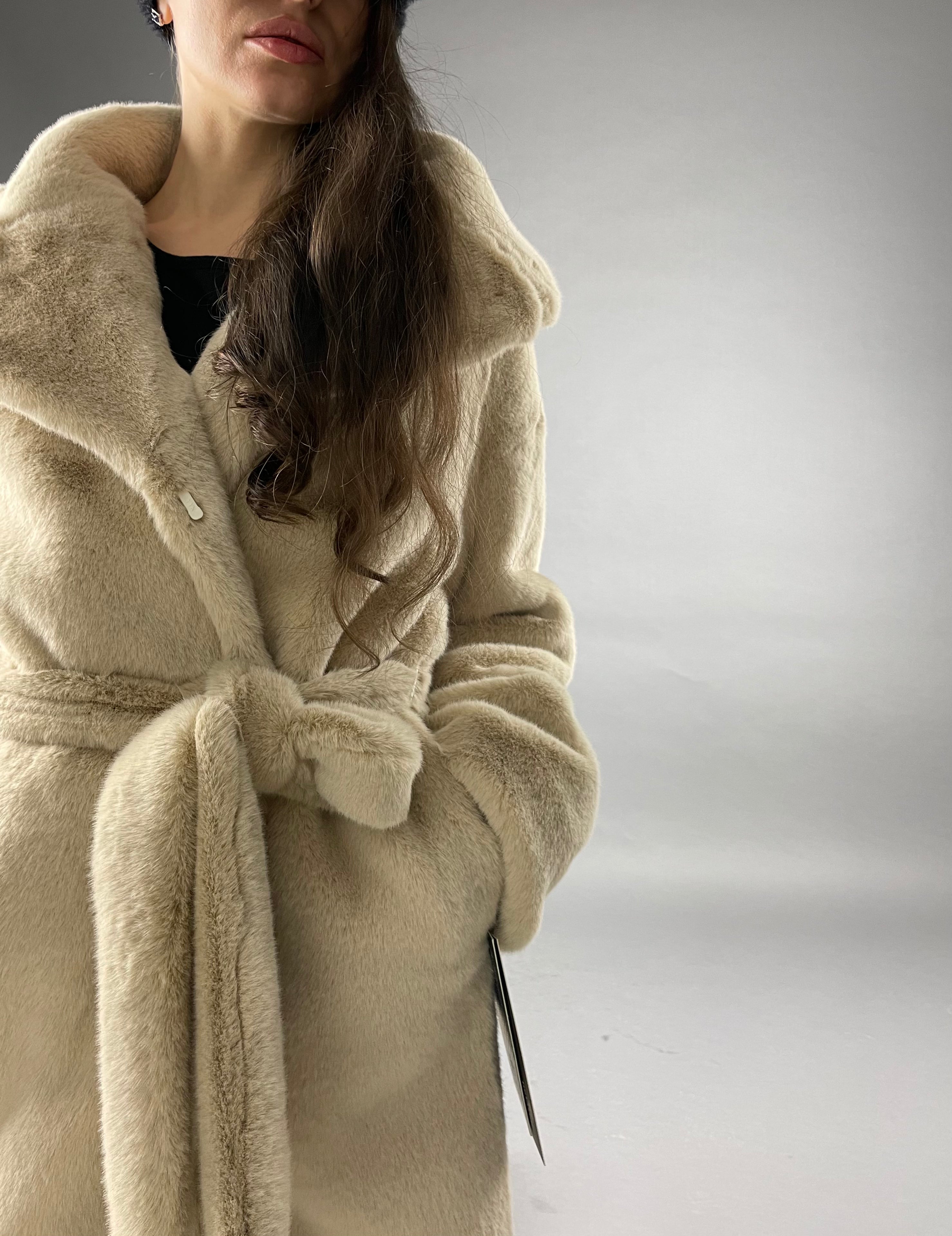 Beige Eco fur coat with belt for women