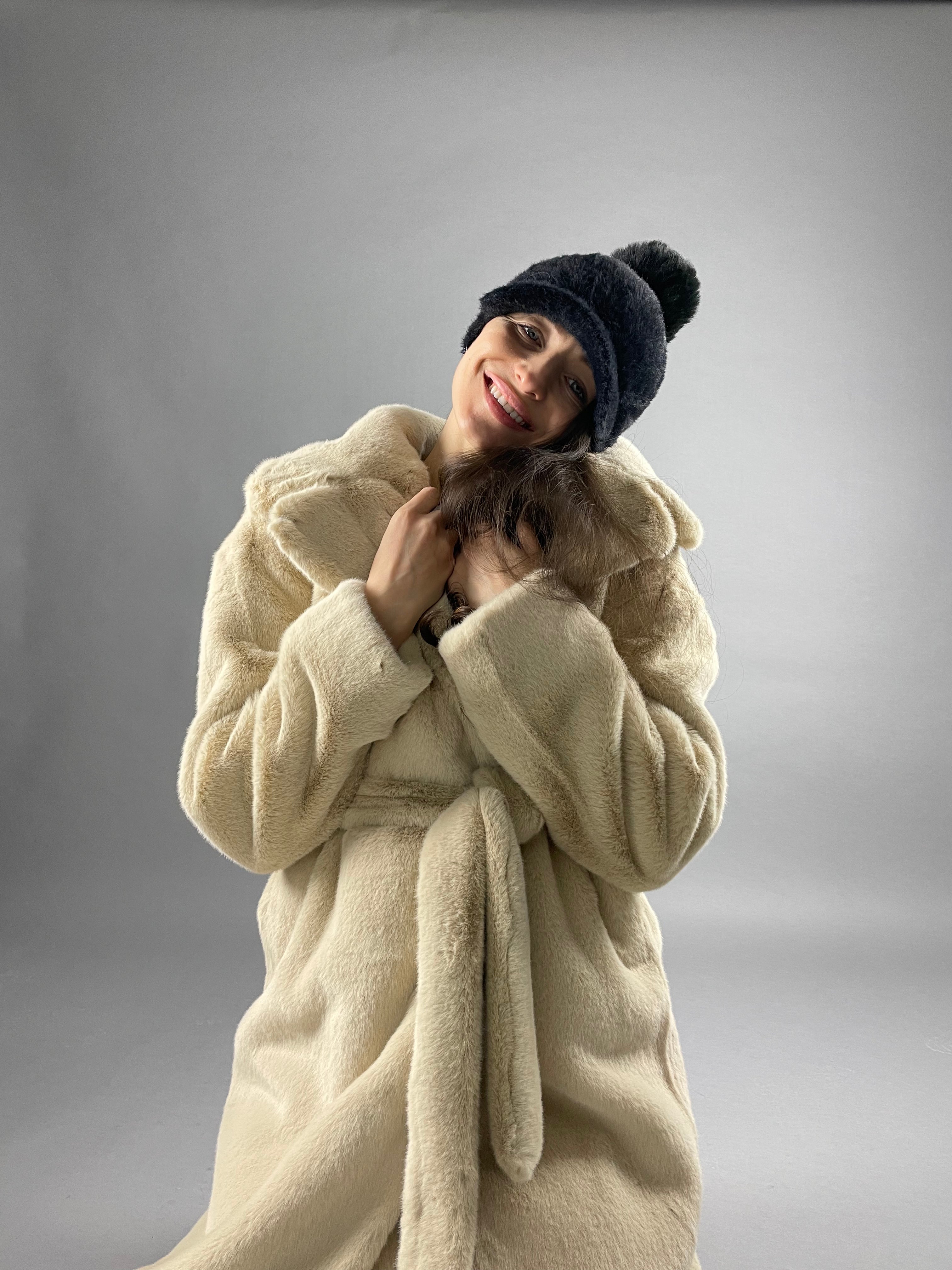 Beige Eco fur coat with belt for women