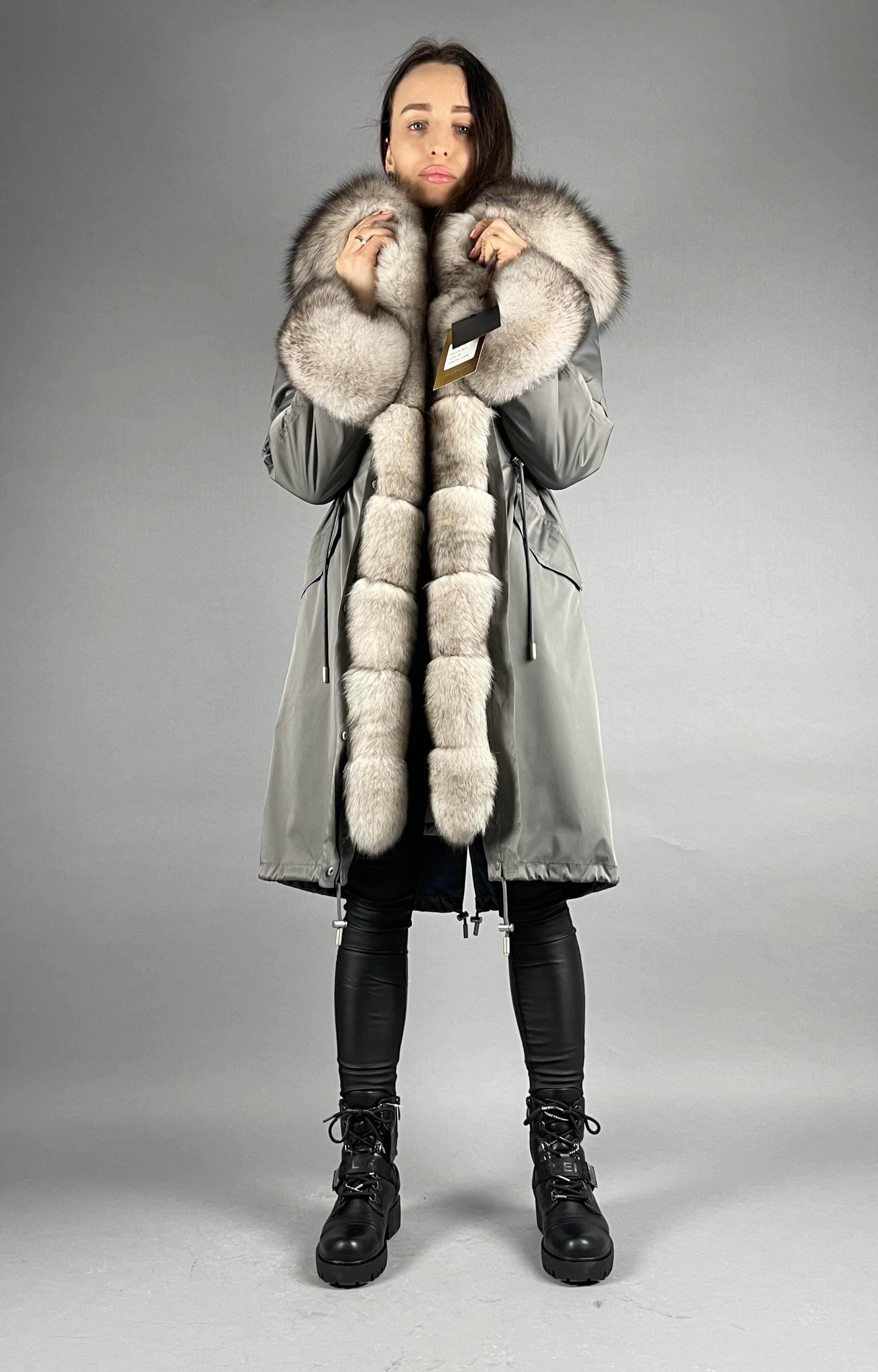 PARKA LUX Dark grey (192) with White-black fox fur (M16) / Rex for women 103 cm