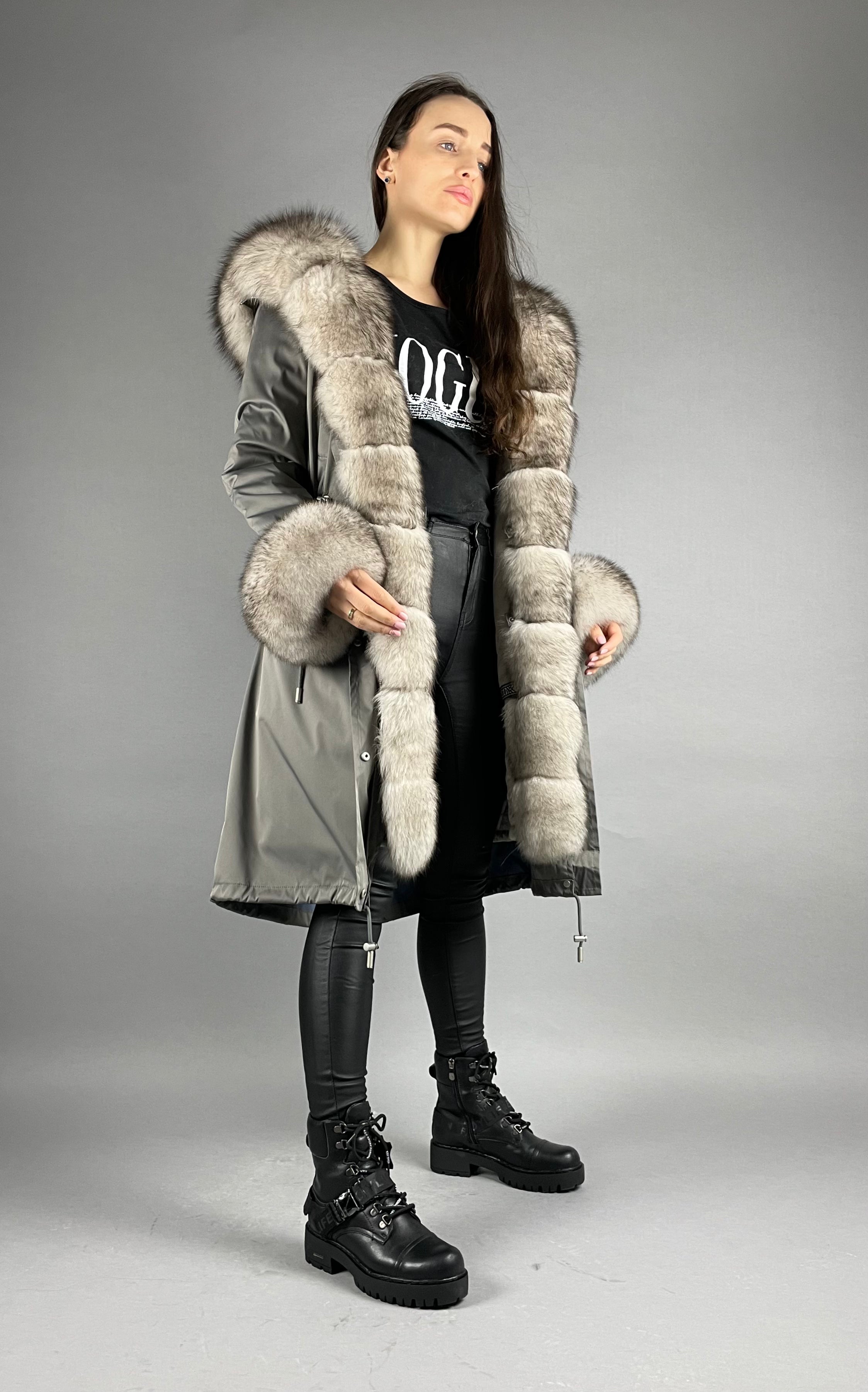 PARKA LUX Dark grey (192) with White-black fox fur (M16) / Rex for women 103 cm