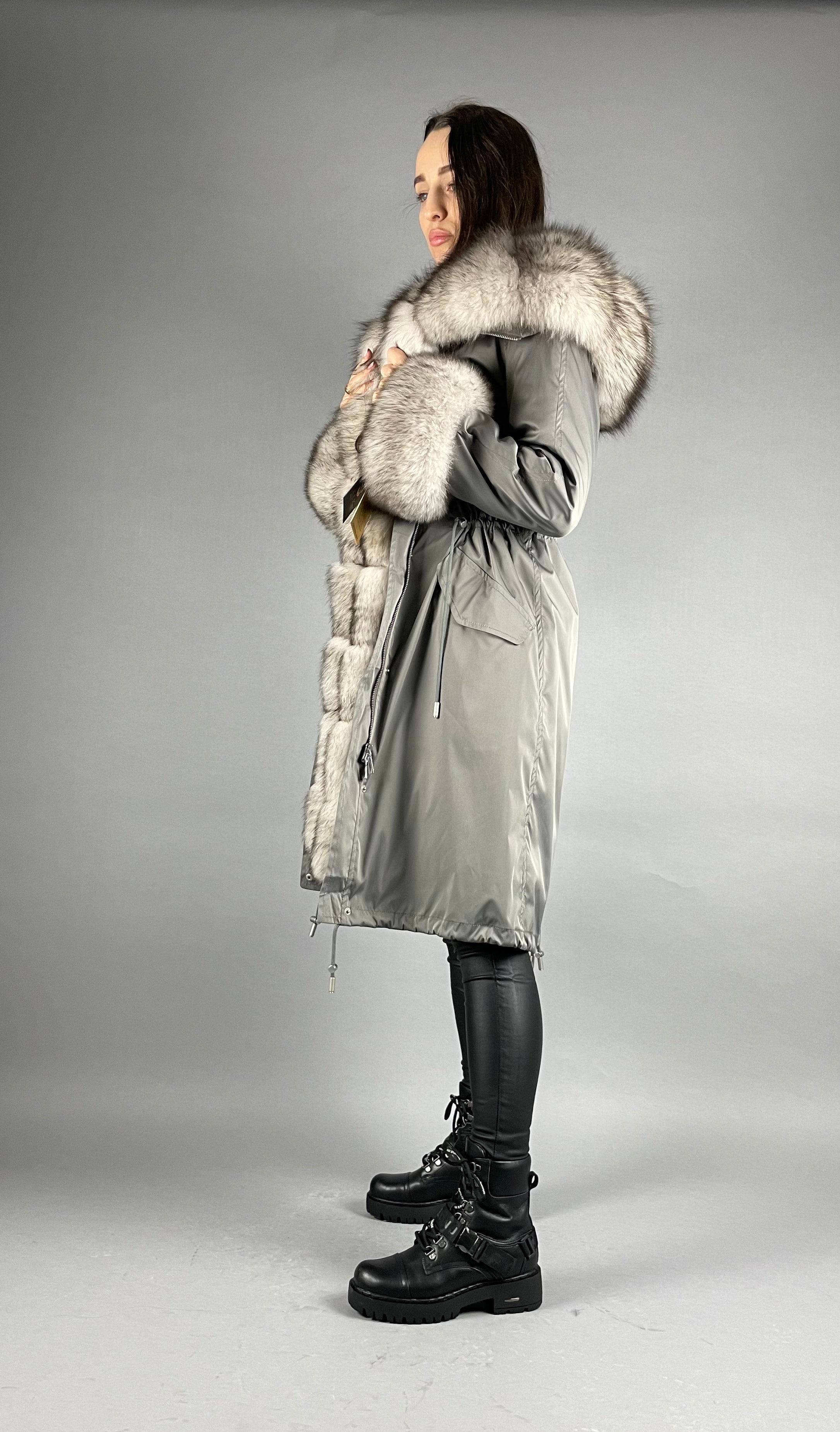 PARKA LUX Dark grey (192) with White-black fox fur (M16) / Rex for women 103 cm