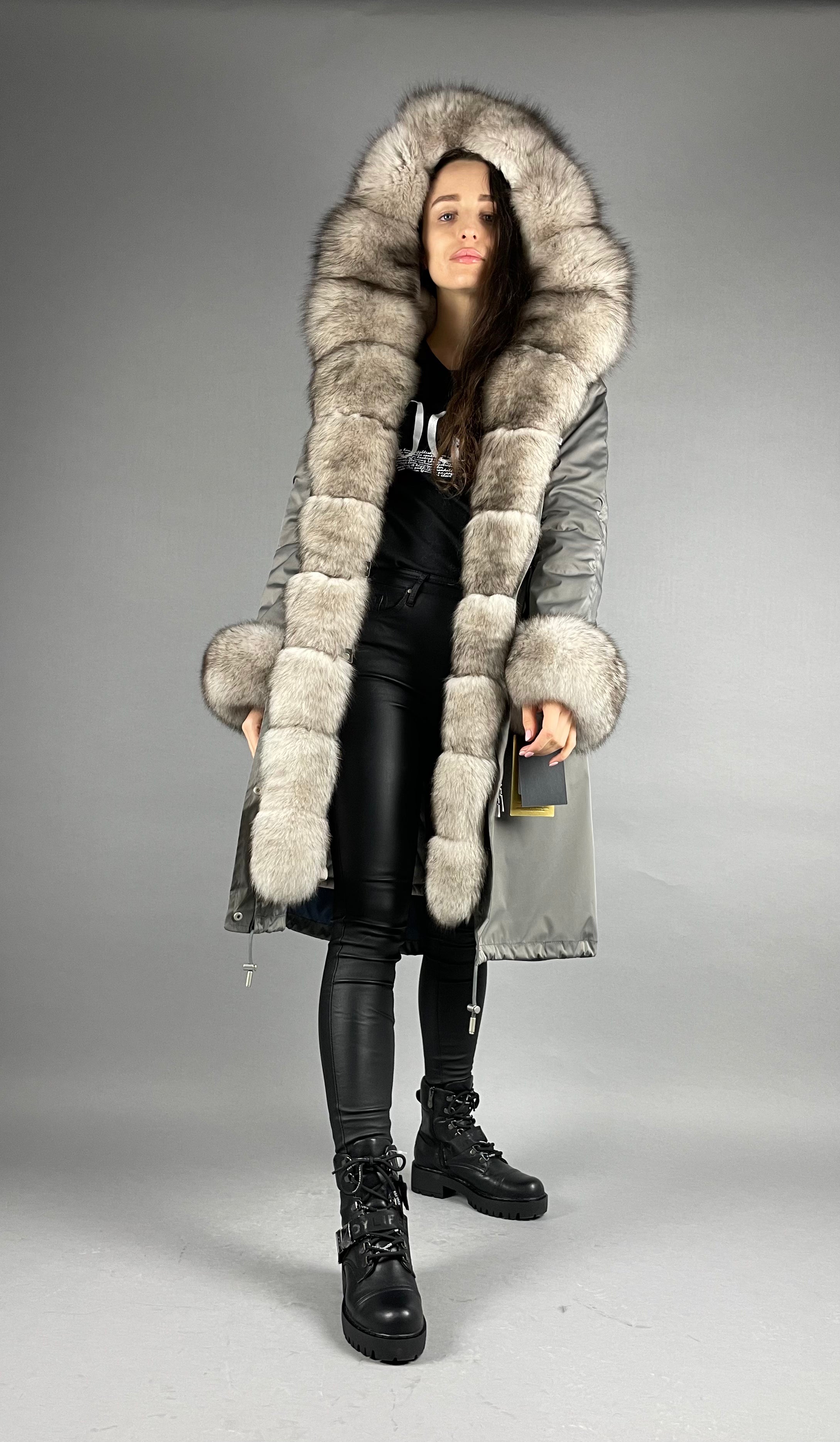 PARKA LUX Dark grey (192) with White-black fox fur (M16) / Rex for women 103 cm