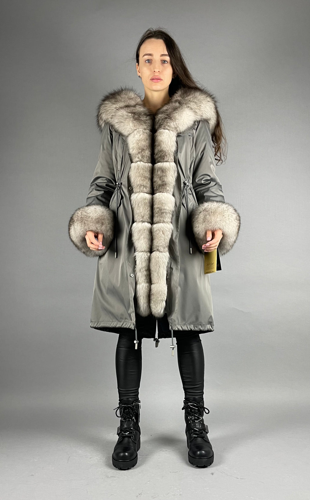 PARKA LUX Dark grey (192) with White-black fox fur (M16) / Rex for women 103 cm