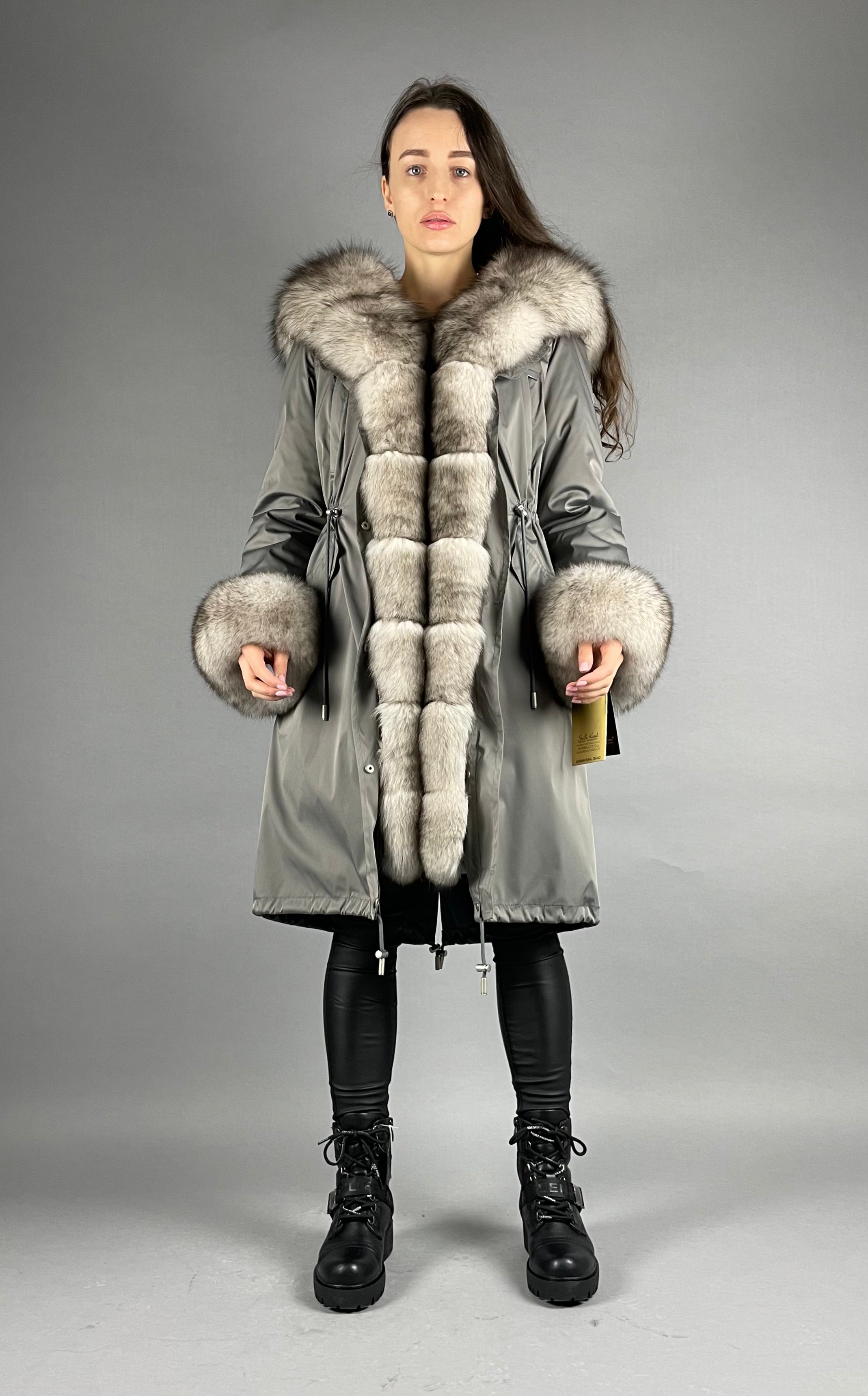 PARKA LUX Dark grey (192) with White-black fox fur (M16) / Rex for women 103 cm