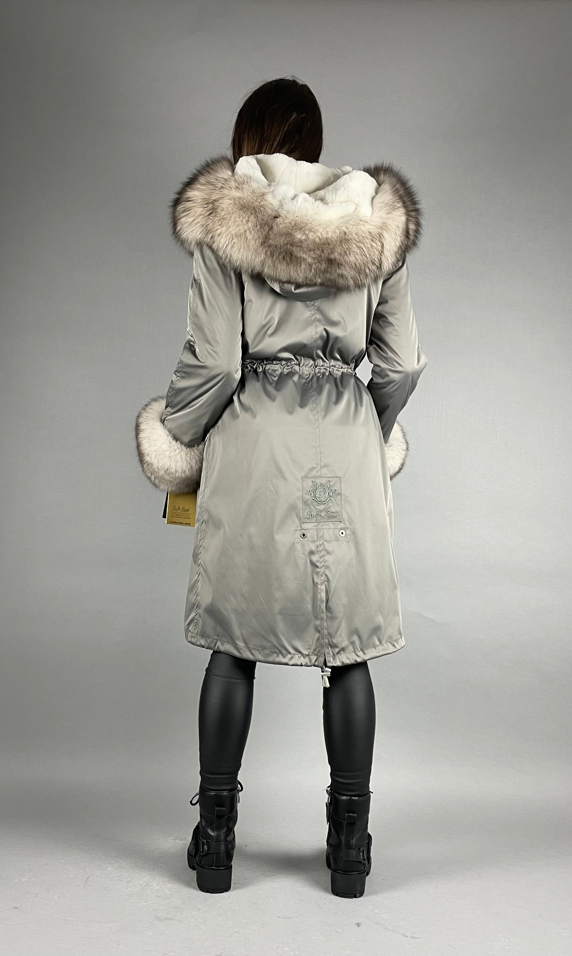 PARKA LUX Tumši pelēks (192) ar balti-melnas lapsas kažokādu (M16) / Rex sievietēm 103 cm