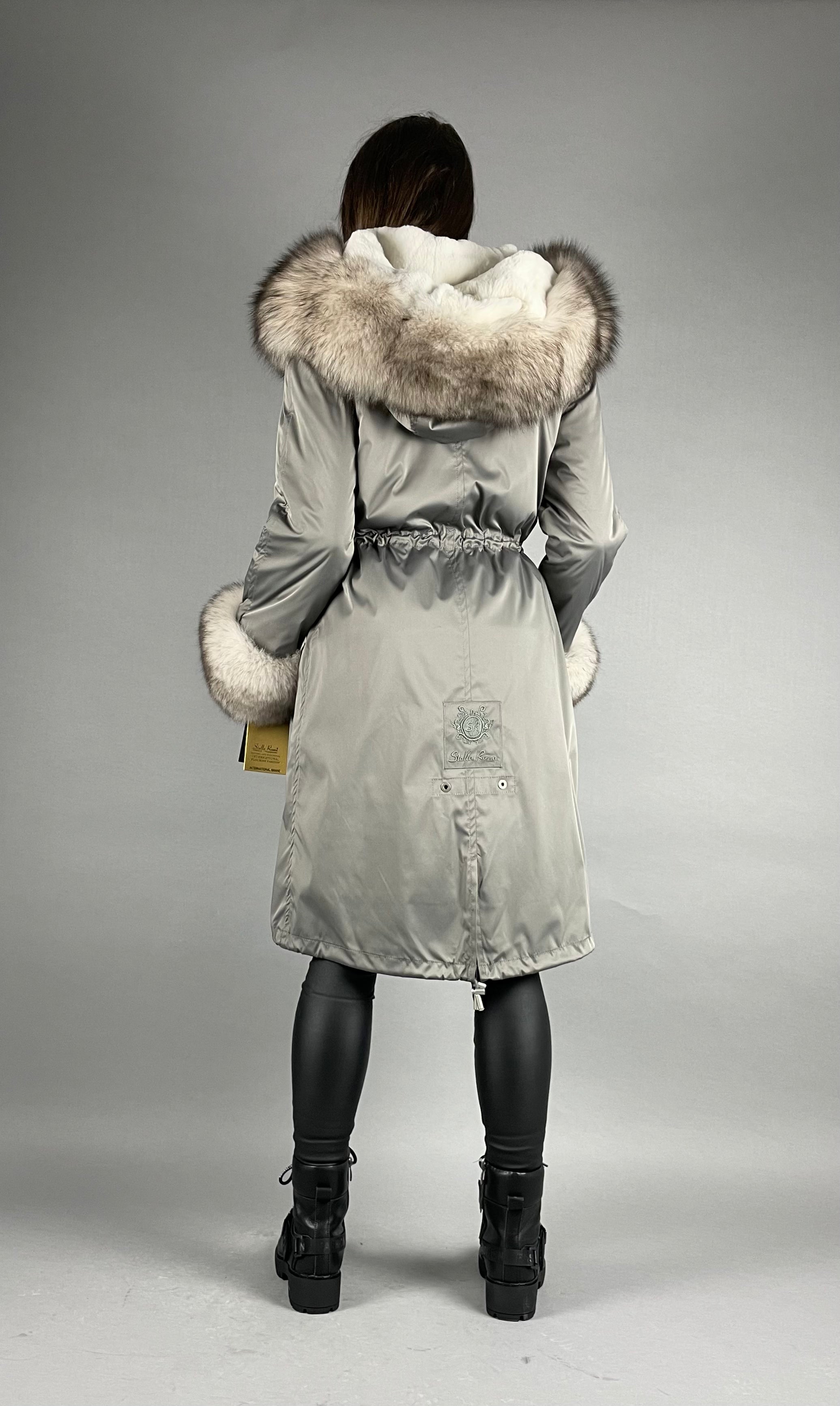 PARKA LUX Dark grey (192) with White-black fox fur (M16) / Rex for women 103 cm