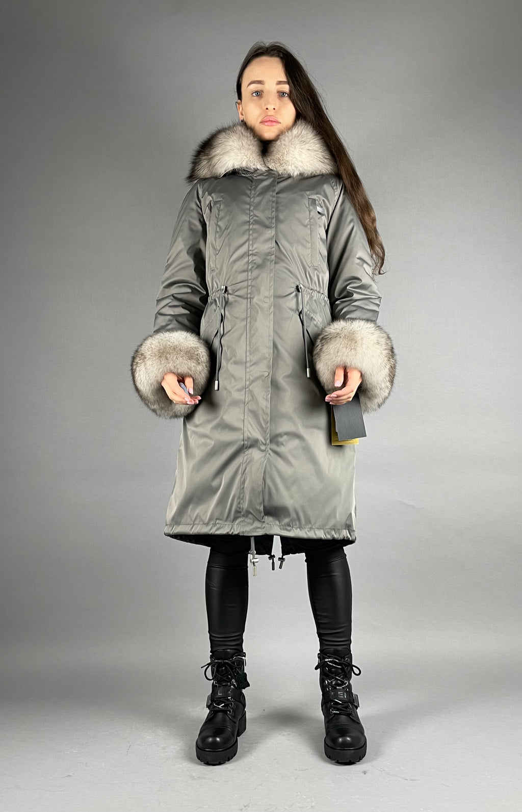 PARKA LUX Dark grey (192) with White-black fox fur (M16) / Rex for women 103 cm