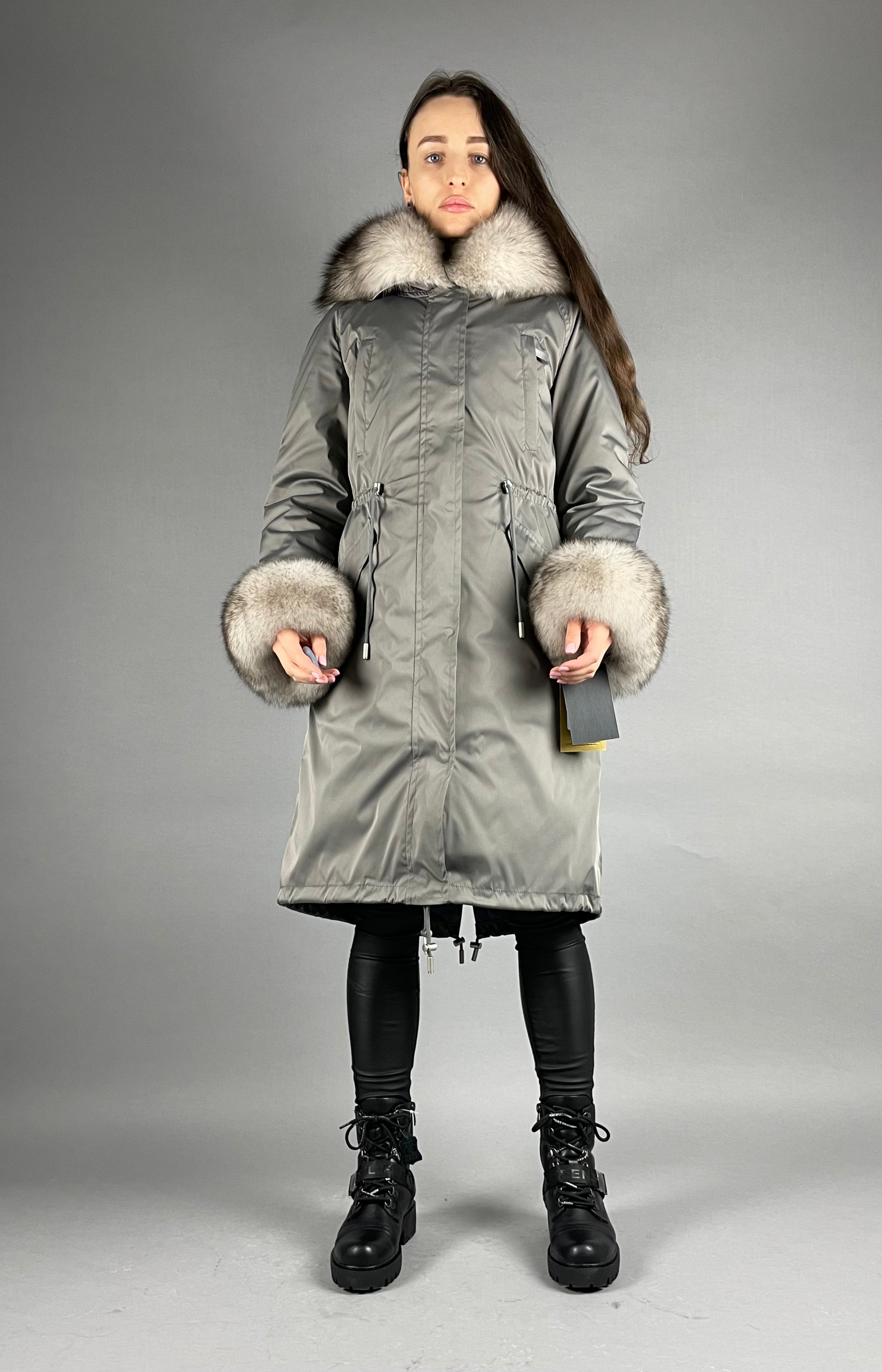 PARKA LUX Dark grey (192) with White-black fox fur (M16) / Rex for women 103 cm