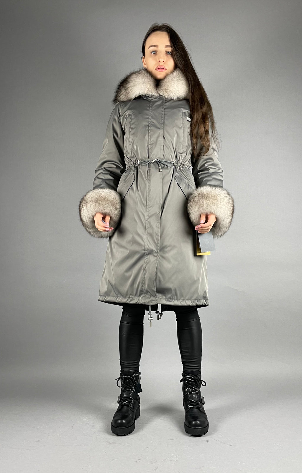 PARKA LUX Dark grey (192) with White-black fox fur (M16) / Rex for women 103 cm