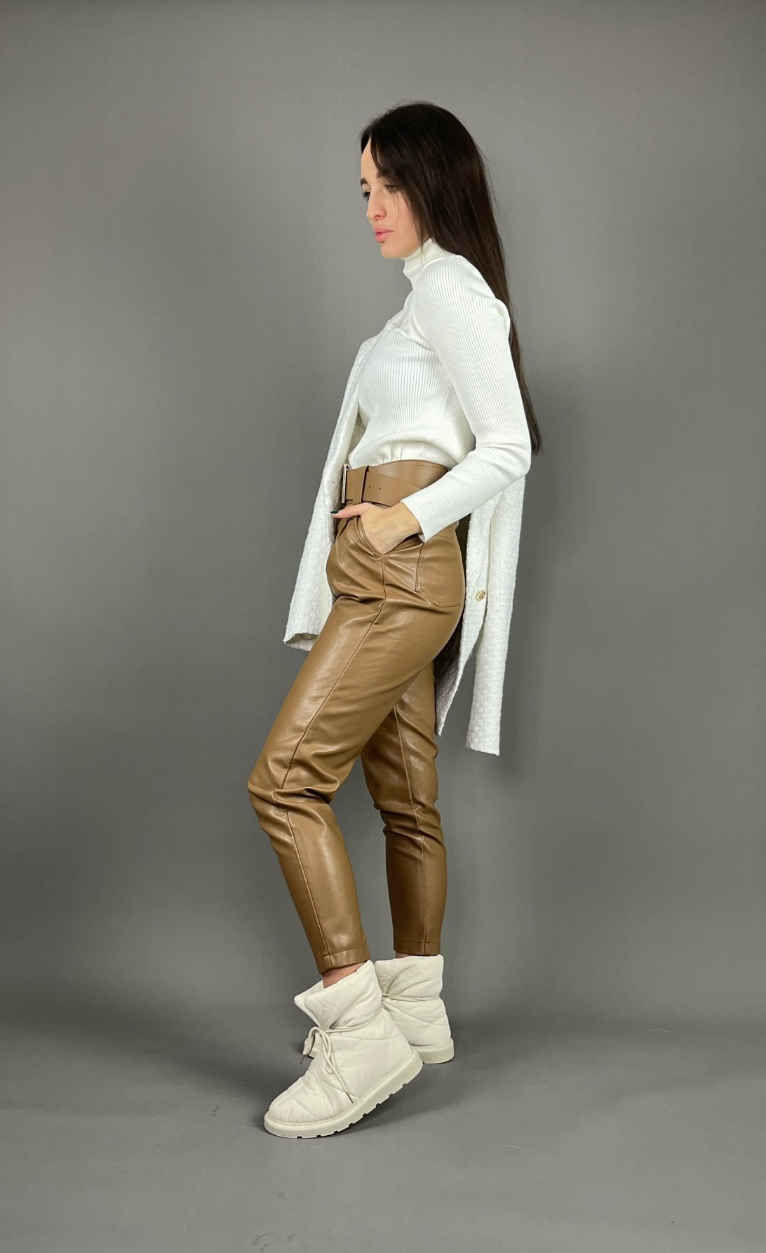 Brown Eco Leather Pants with Belt