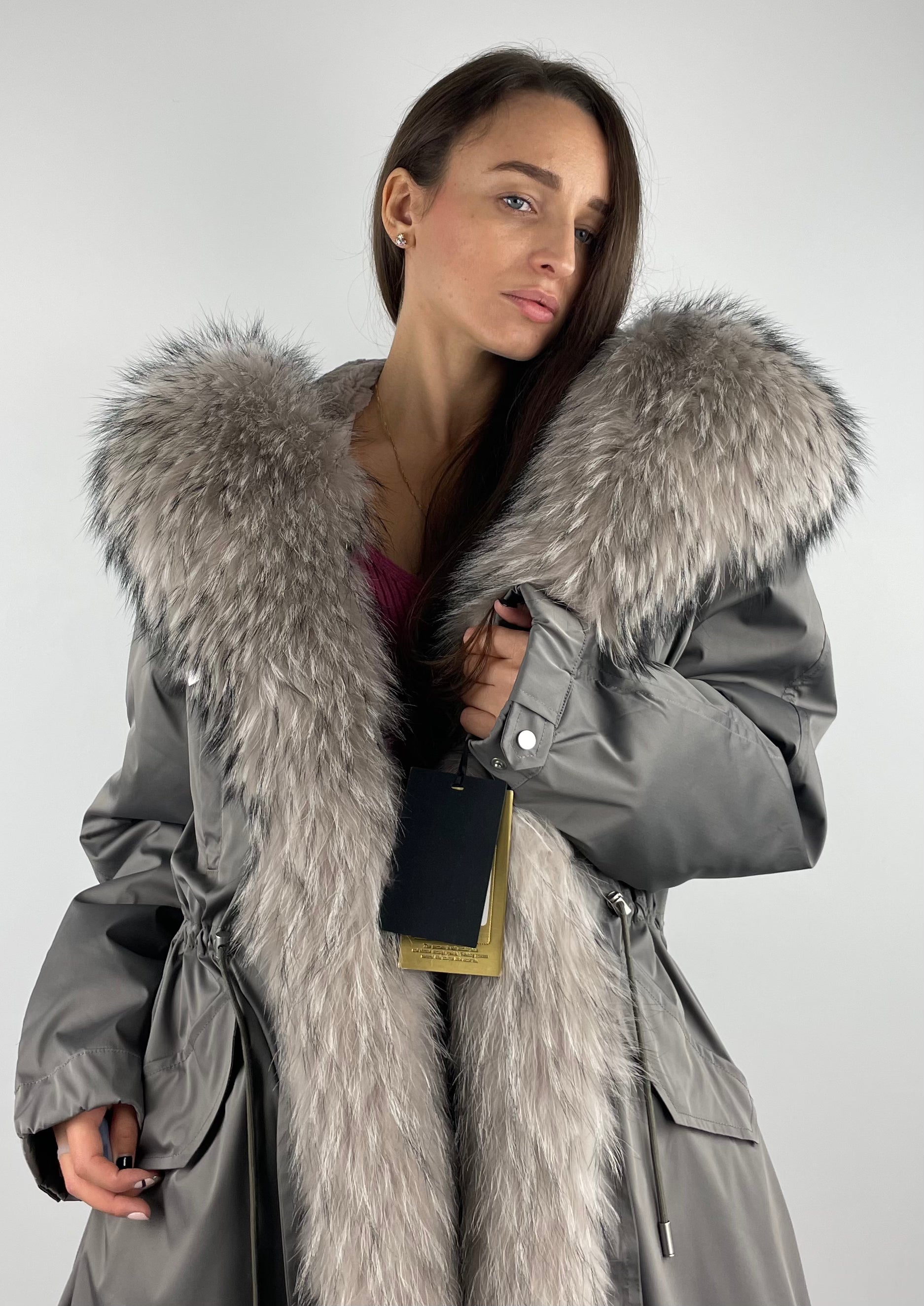 Parka LUX Dark Grey with Beigie Raccoon fur and Rex rabbit fur for women 103 cm