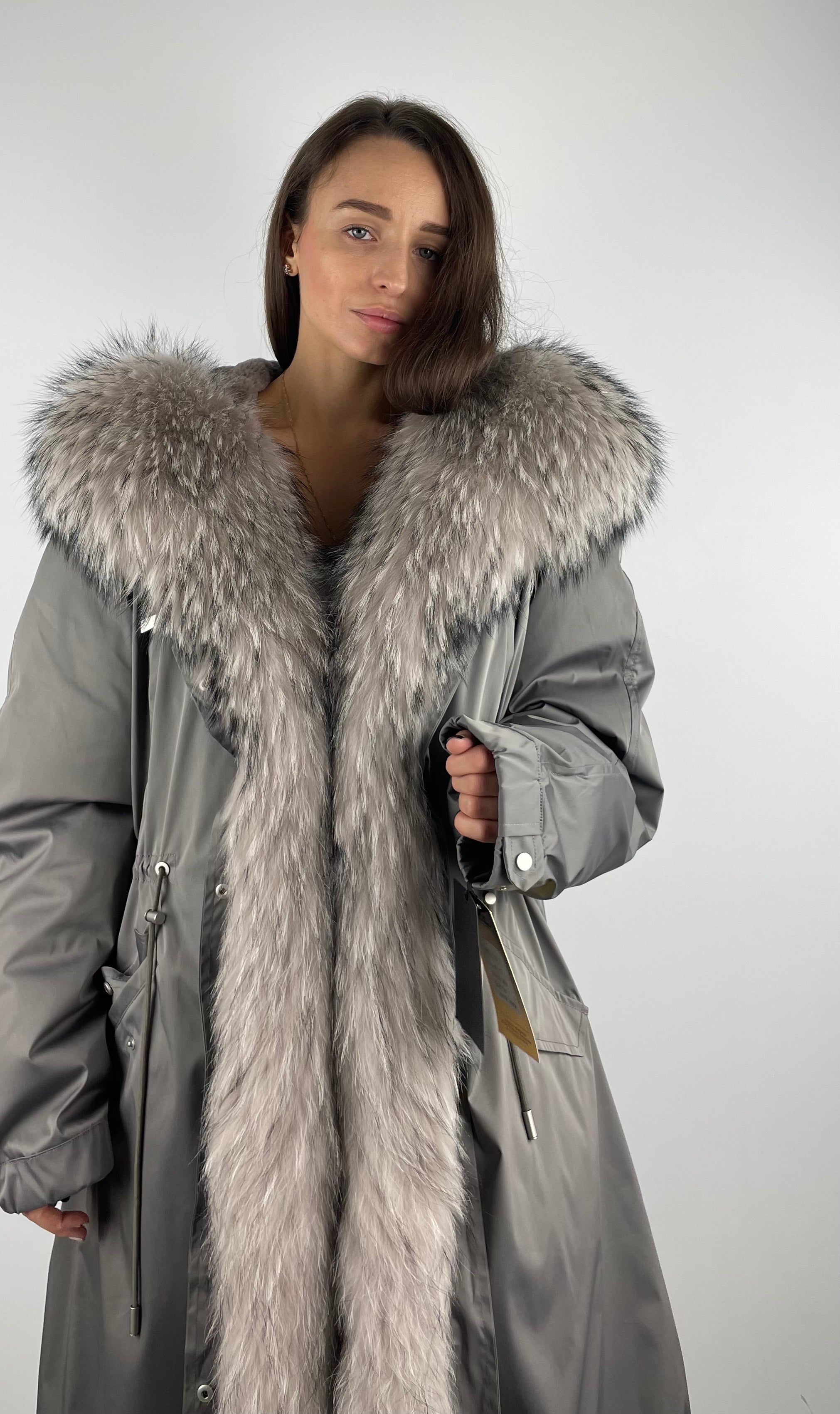 Parka LUX Dark Grey with Beigie Raccoon fur and Rex rabbit fur for women 103 cm