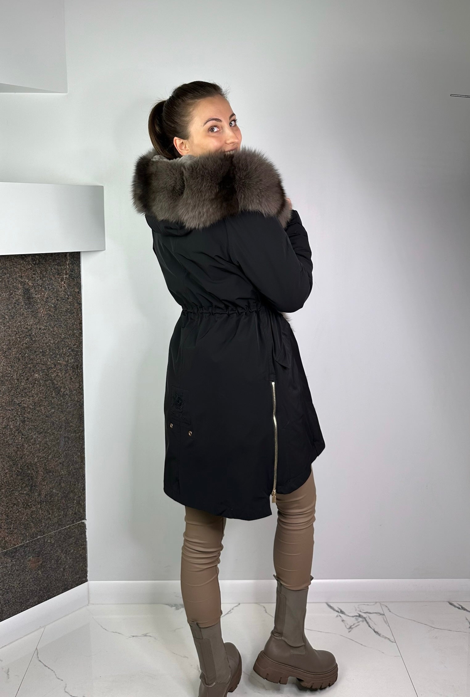 Parka LUX Black with Grey Artic fur and lining Rex rabbit fur fox women 95 cm