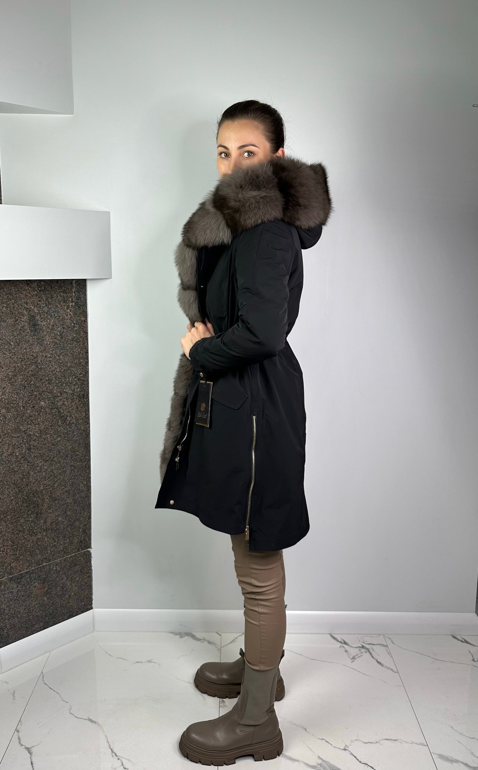 Parka LUX Black with Grey Artic fur and lining Rex rabbit fur fox women 95 cm