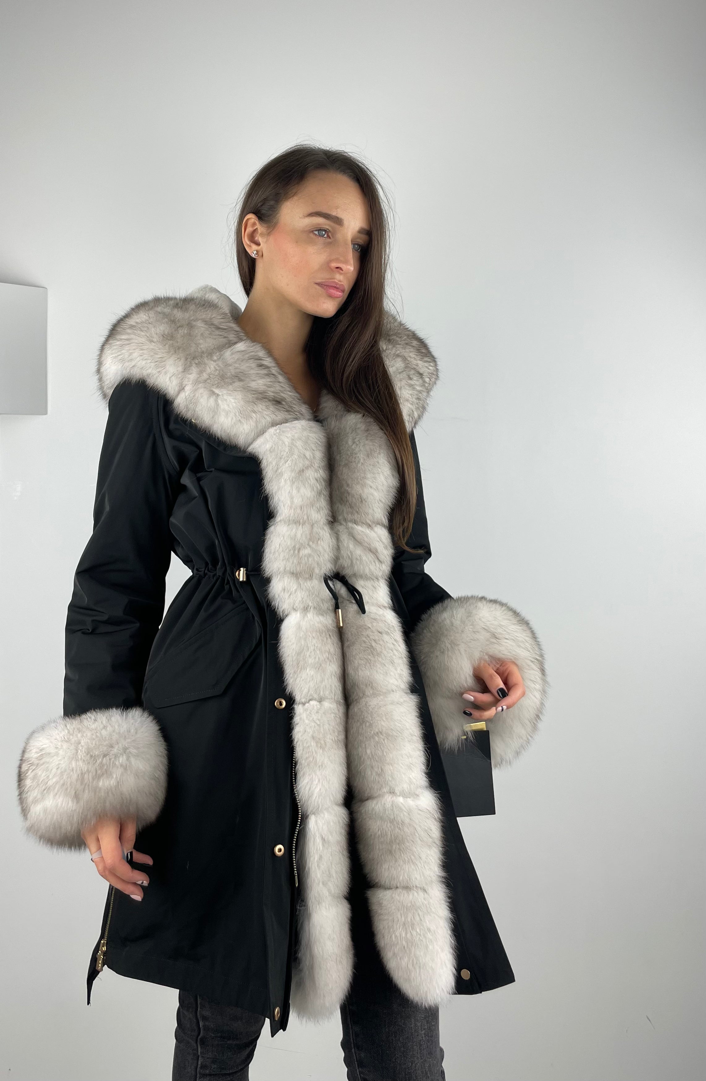Parka LUX Black (BF99) with White fur (M4) / Rex for women 95 cm