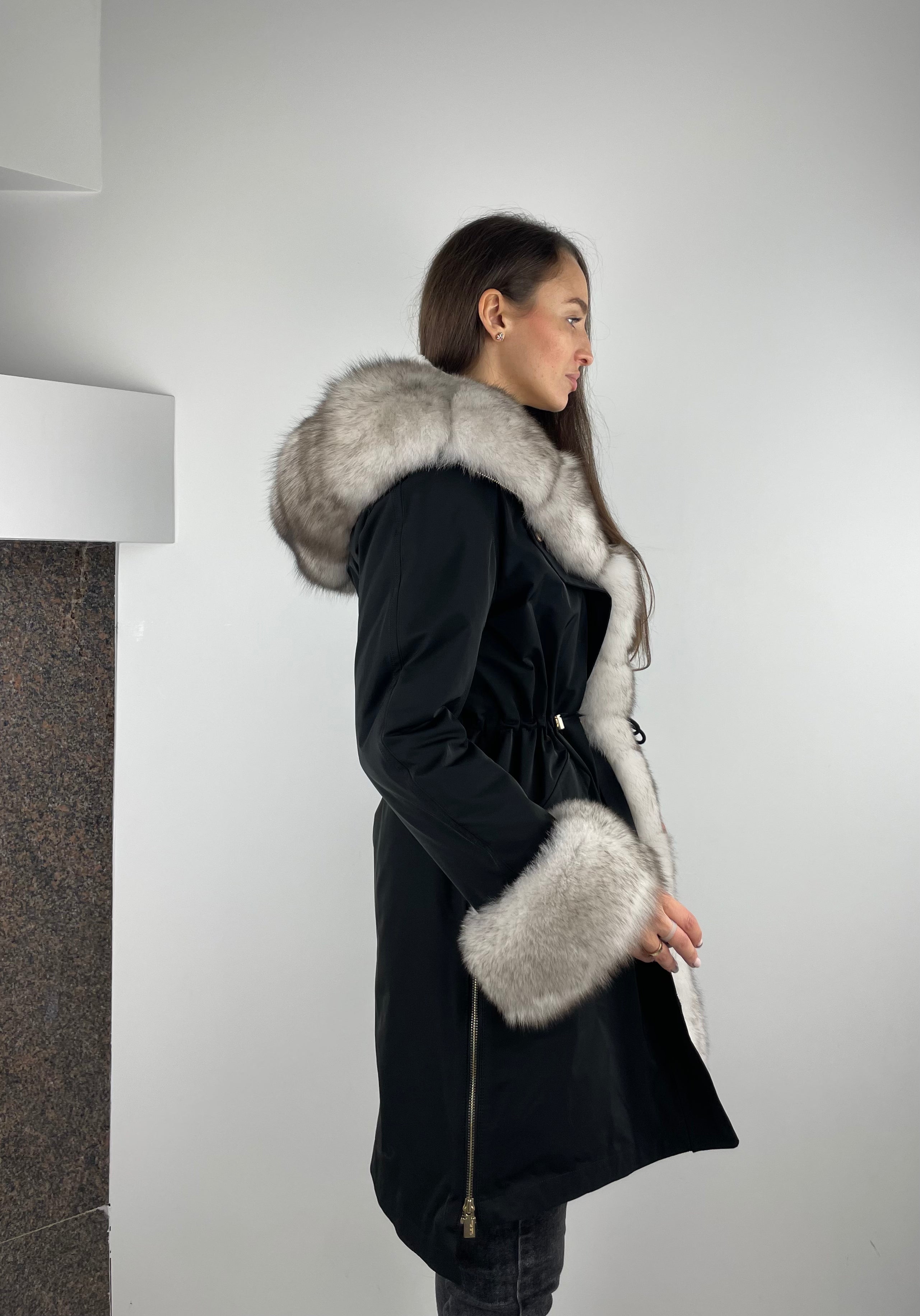 Parka LUX Black (BF99) with White fur (M4) / Rex for women 95 cm