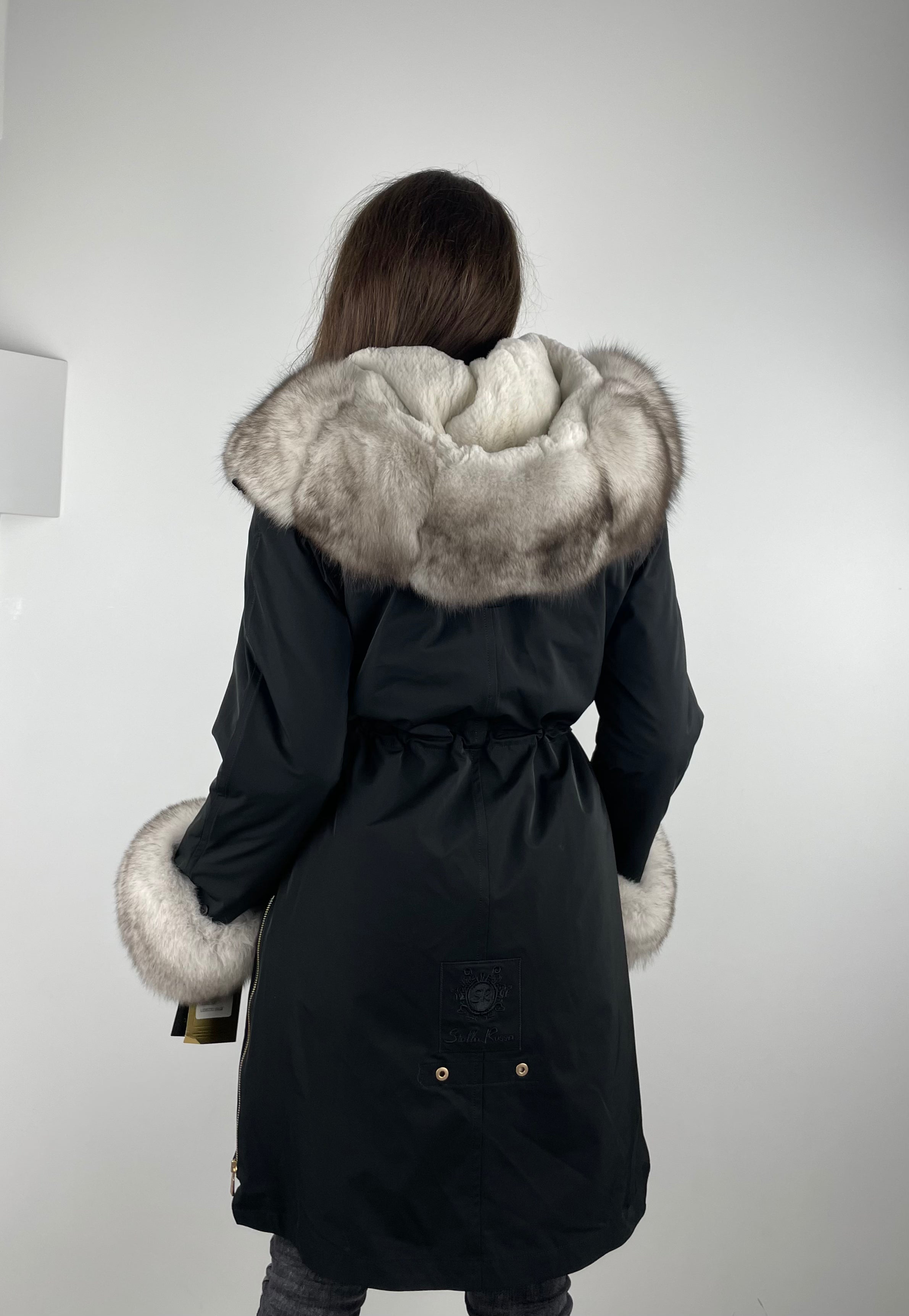 Parka LUX Black (BF99) with White fur (M4) / Rex for women 95 cm