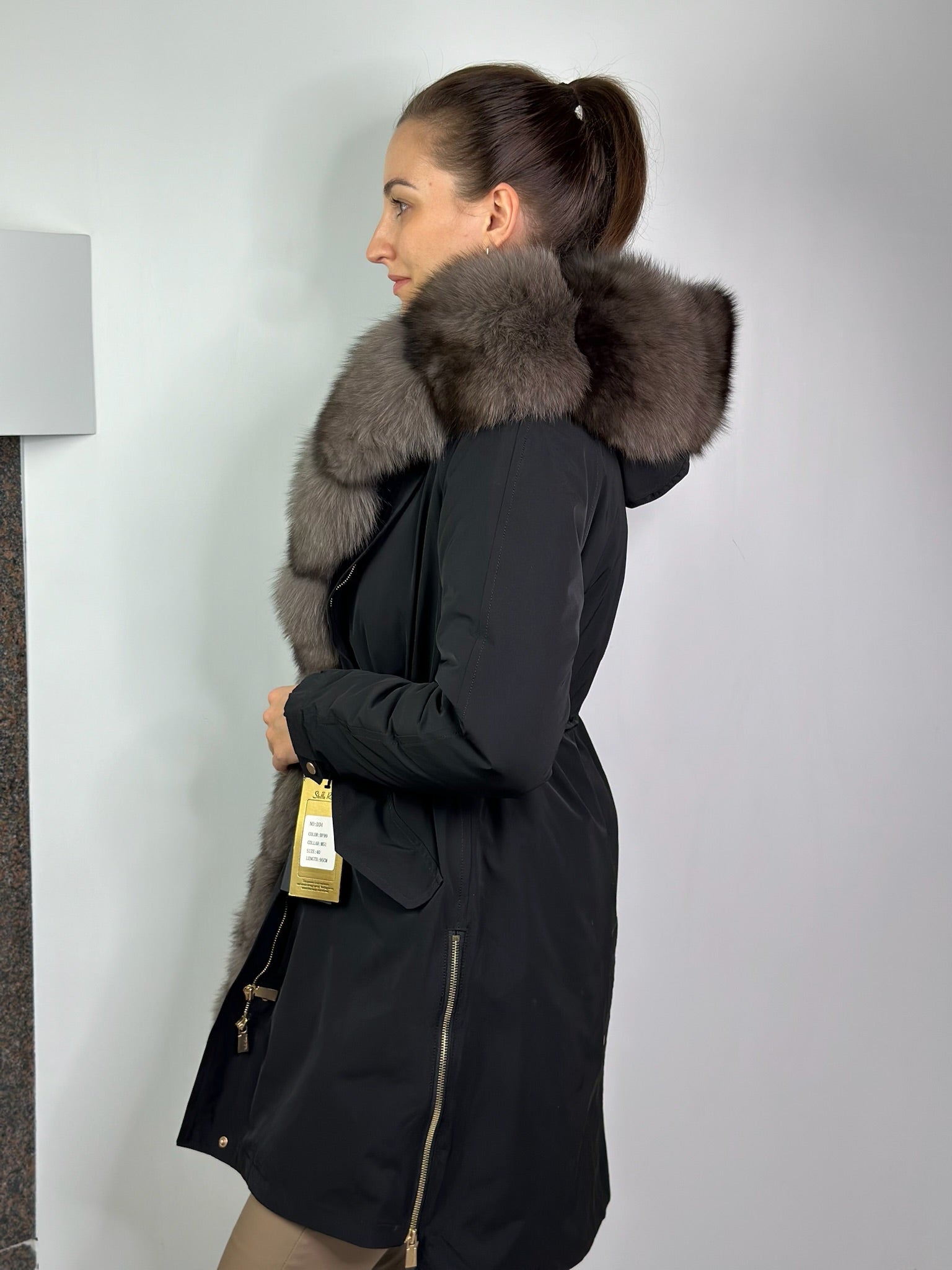 Parka LUX Black ar Grey Artic kažokādu un oderi Rex truša kažokādas lapsu sievietēm 95 cm