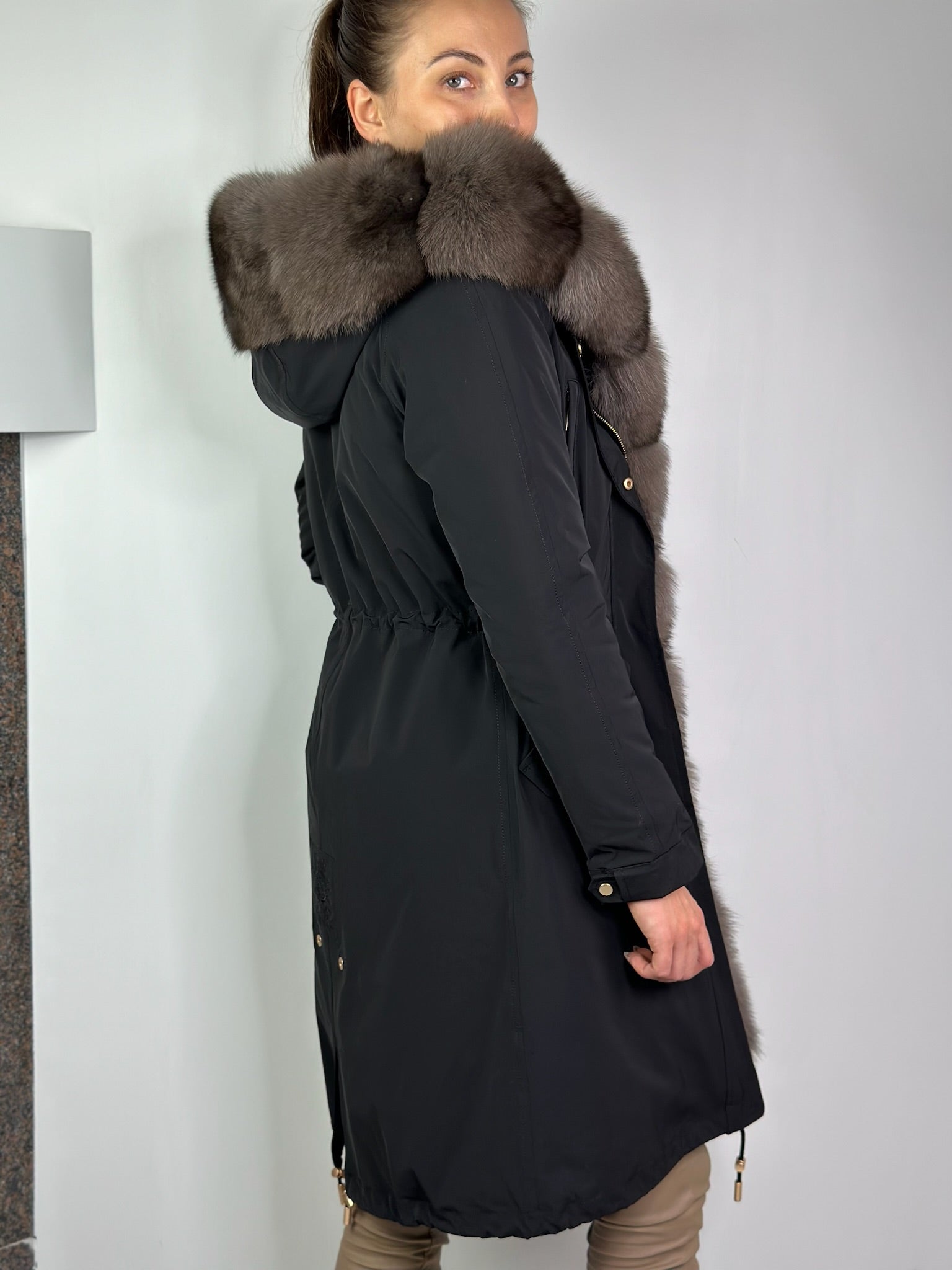 Parka LUX Black with Grey Artic fur and lining REX rabbit fur FOR WOMEN 95 cm