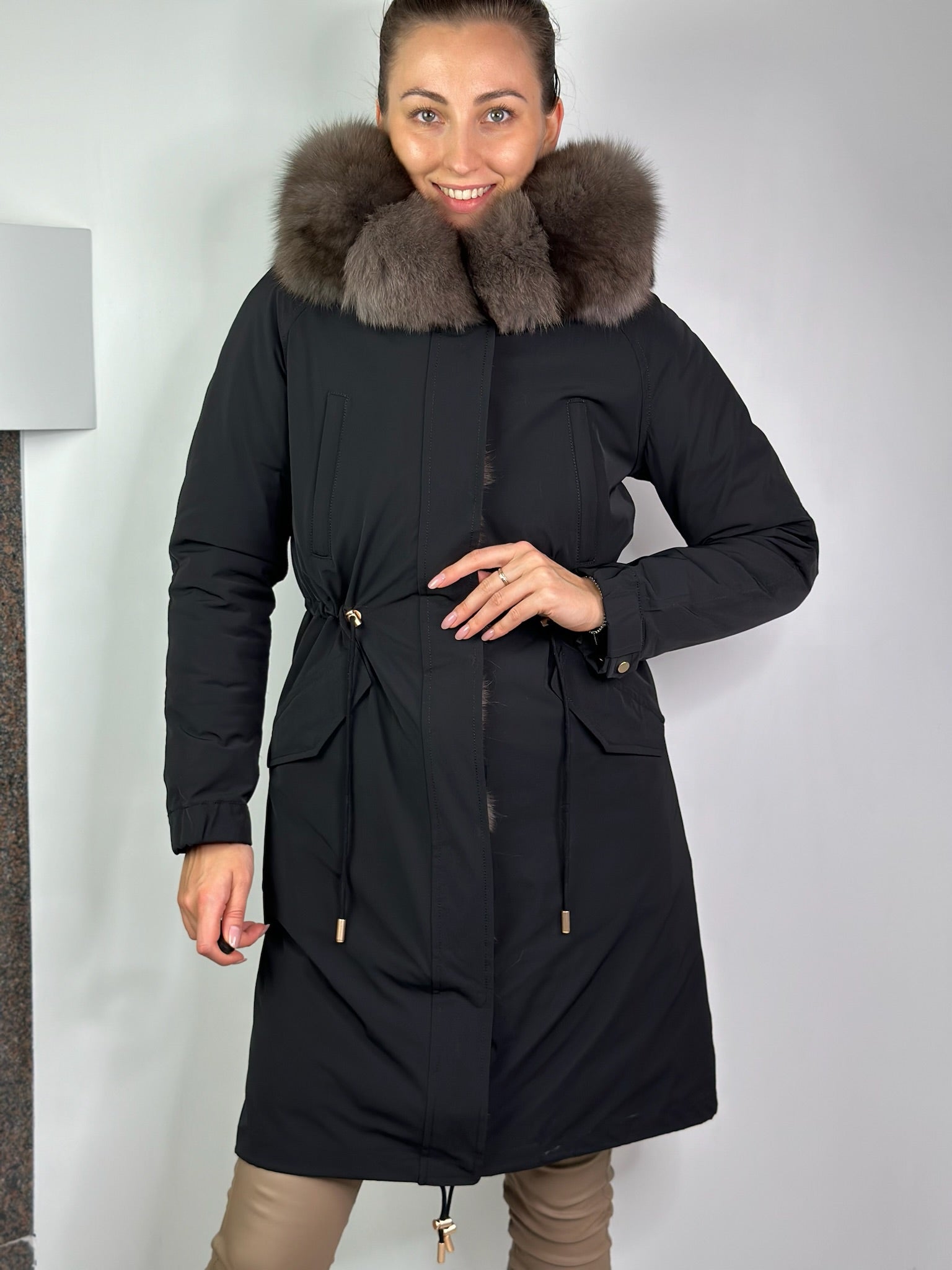 Parka LUX Black with Grey Artic fur and lining REX rabbit fur FOR WOMEN 95 cm