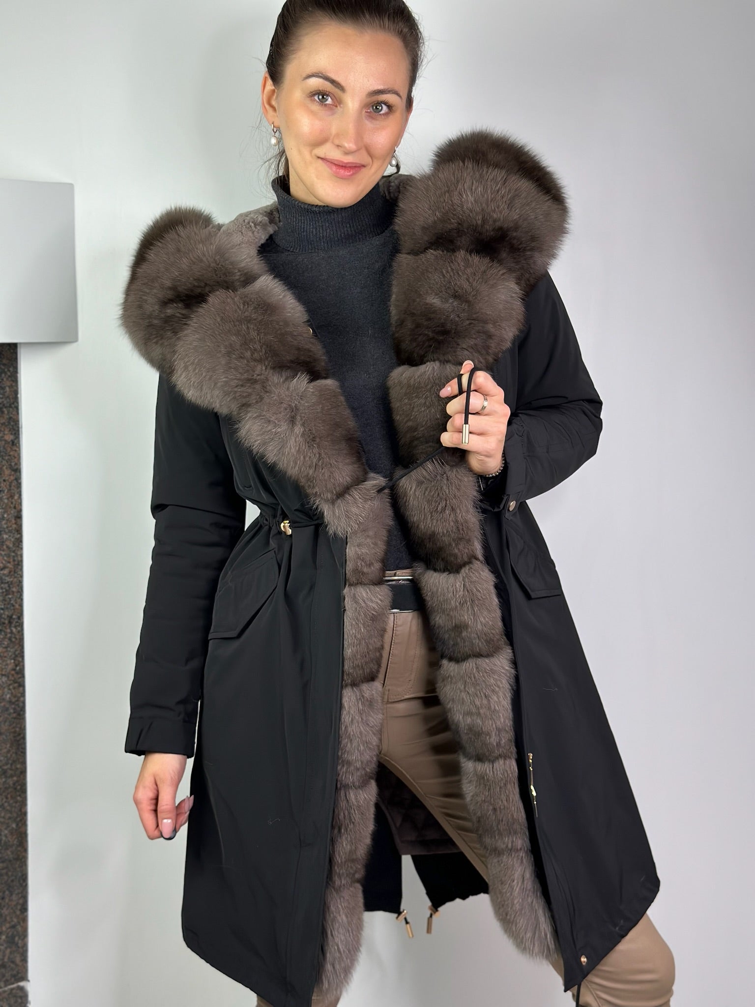 Parka LUX Black with Grey Artic fur and lining REX rabbit fur FOR WOMEN 95 cm