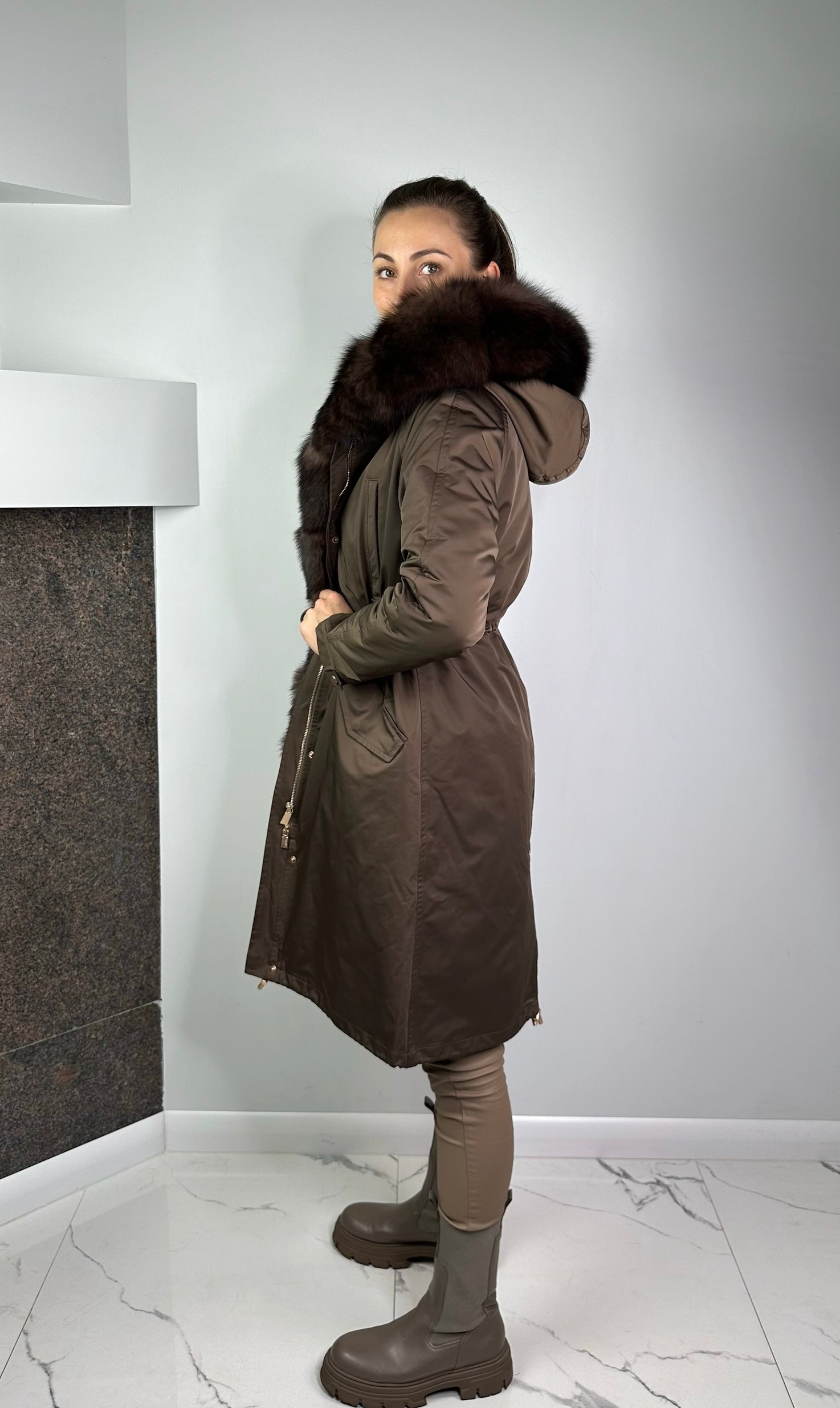Parka LUX Brown with Brown Artic fur and lining with Rex rabbit fur for women 103 cm