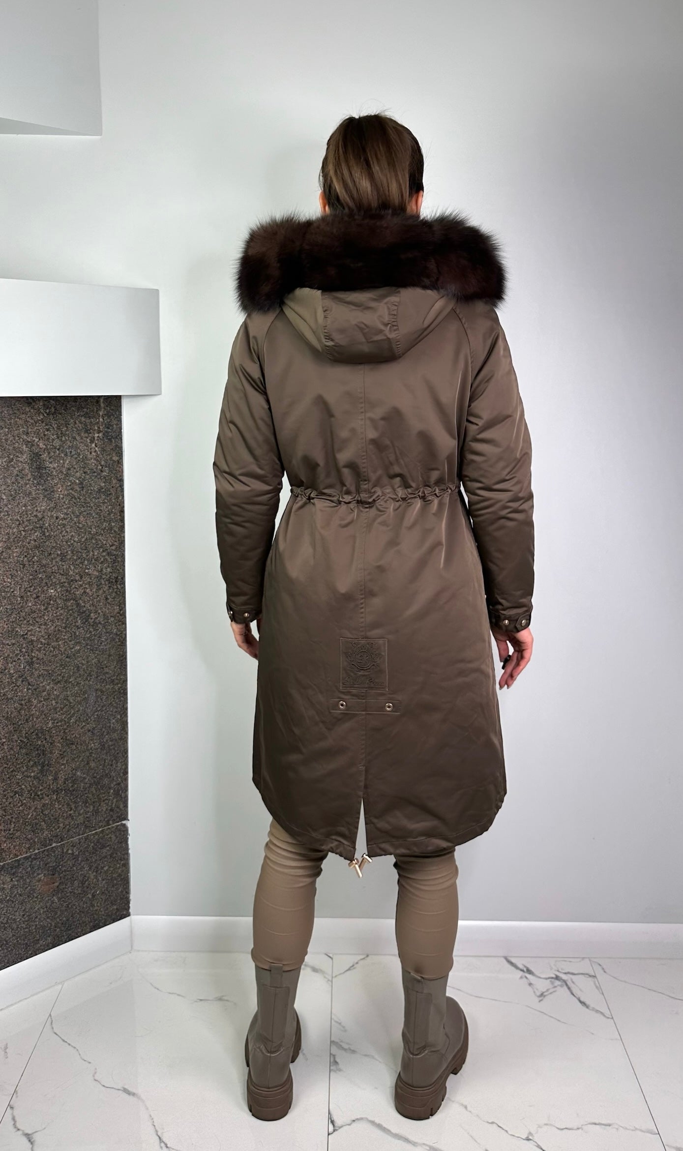 Parka LUX Brown with Brown Artic fur and Rex rabbit fur for women 103 cm