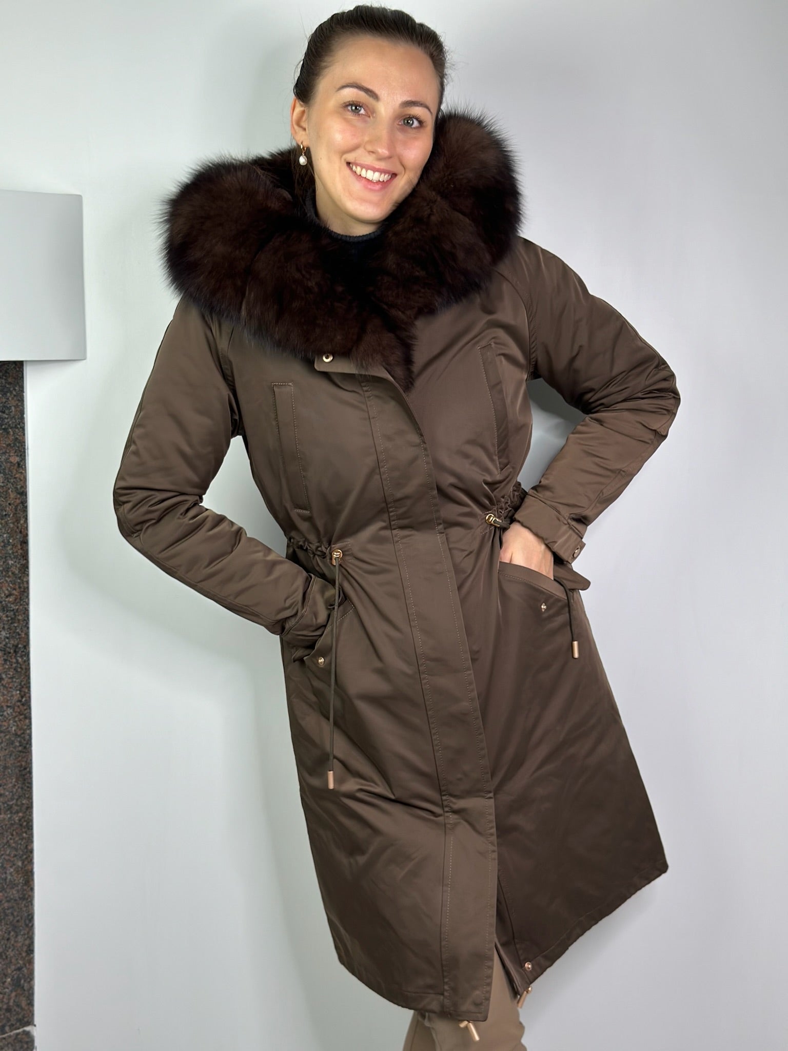 Parka LUX Brown with Brown Artic fur and lining with Rex rabbit fur for women 103 cm