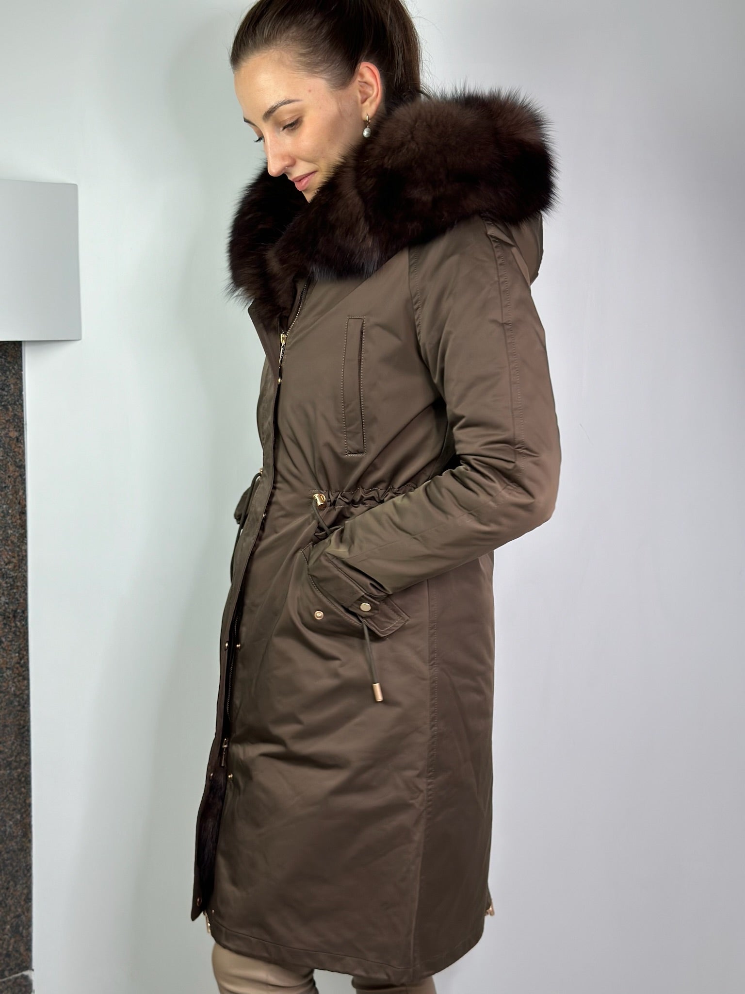 Parka LUX Brown with Brown Artic fur and Rex rabbit fur for women 103 cm