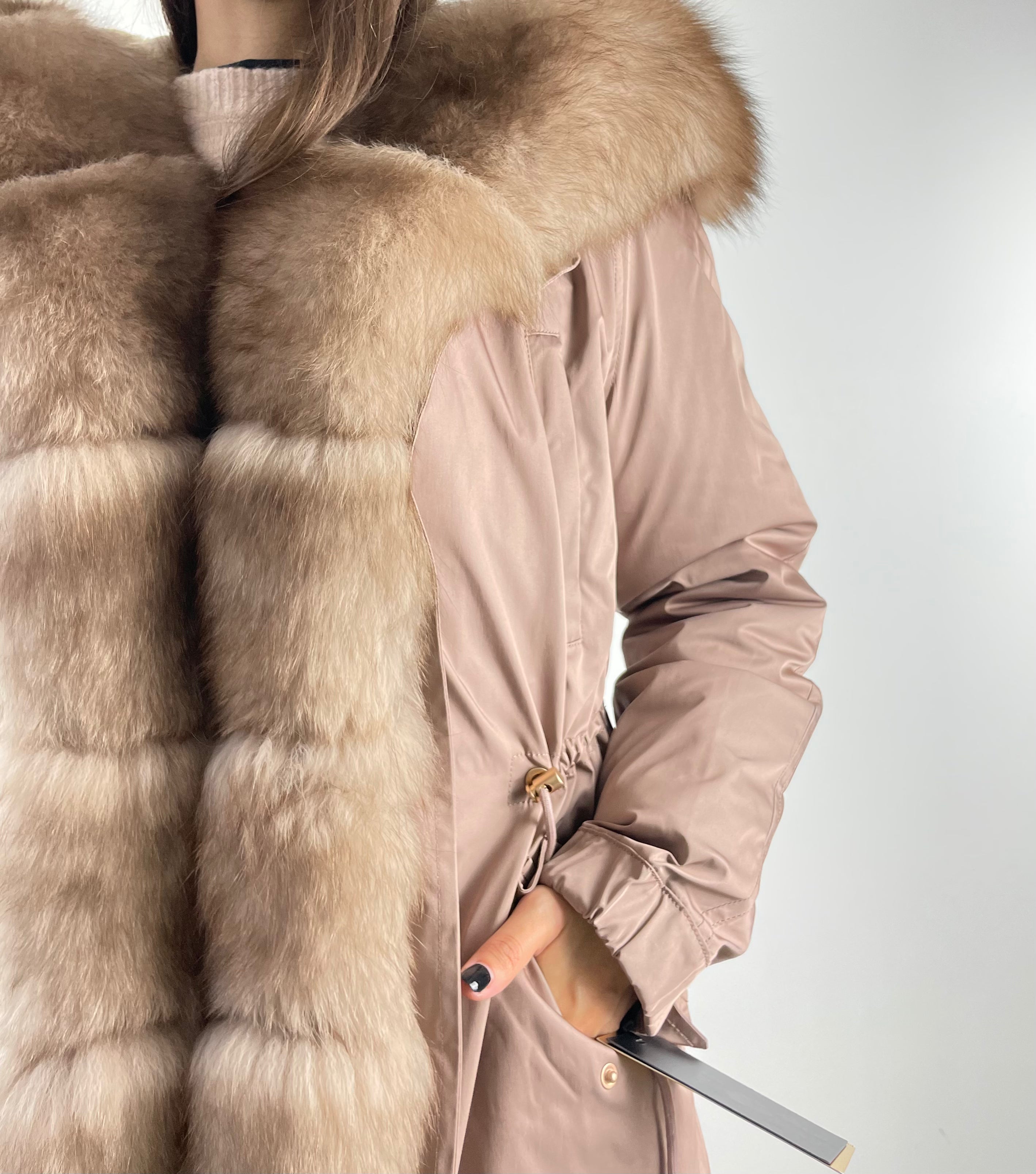 PARKA LUX Pudra (225) / White-yellow fur(M66) / Rex for women 103 cm